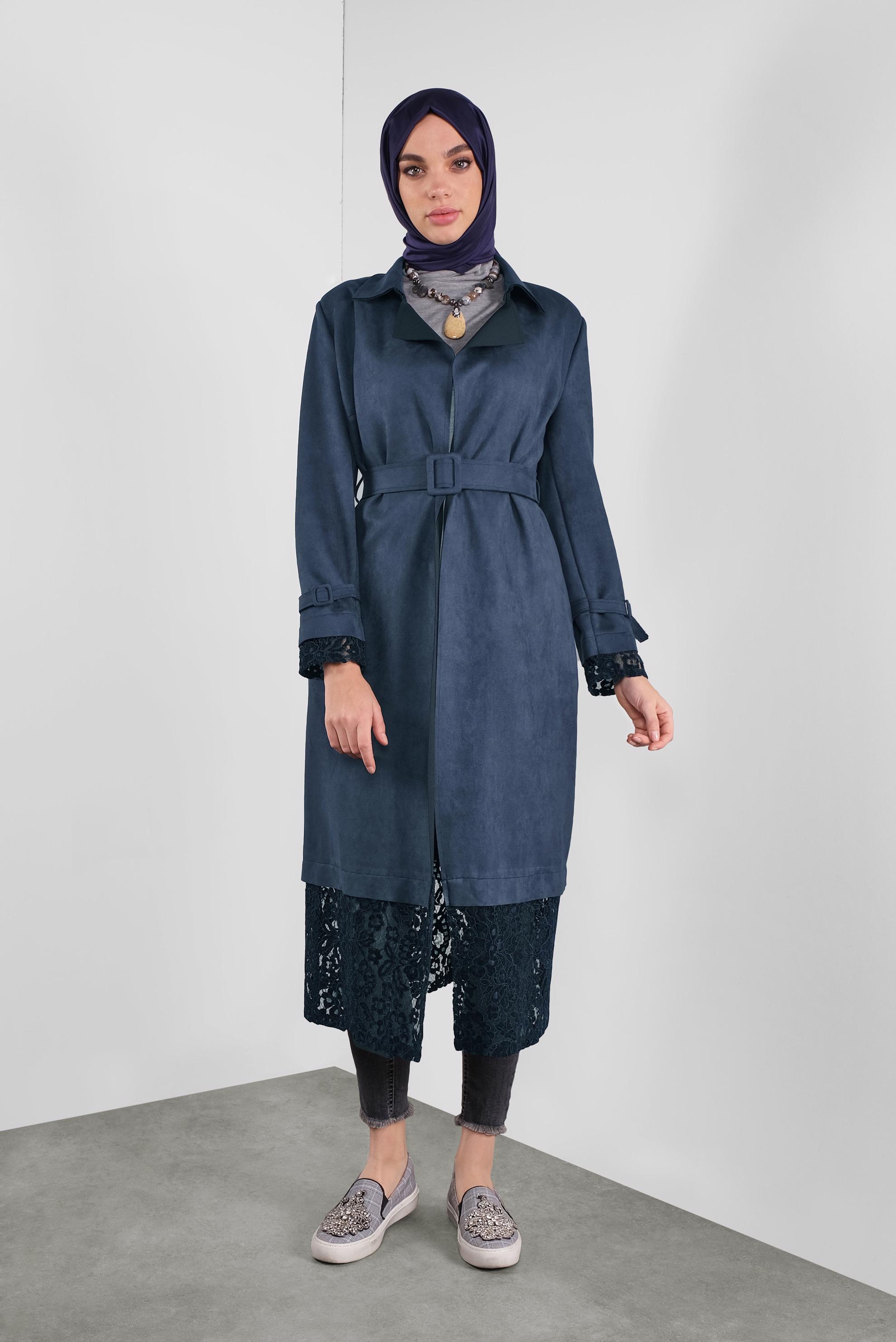 Tesettür giyim LACİVERT KEMERLİ SÜET CEKET 41175