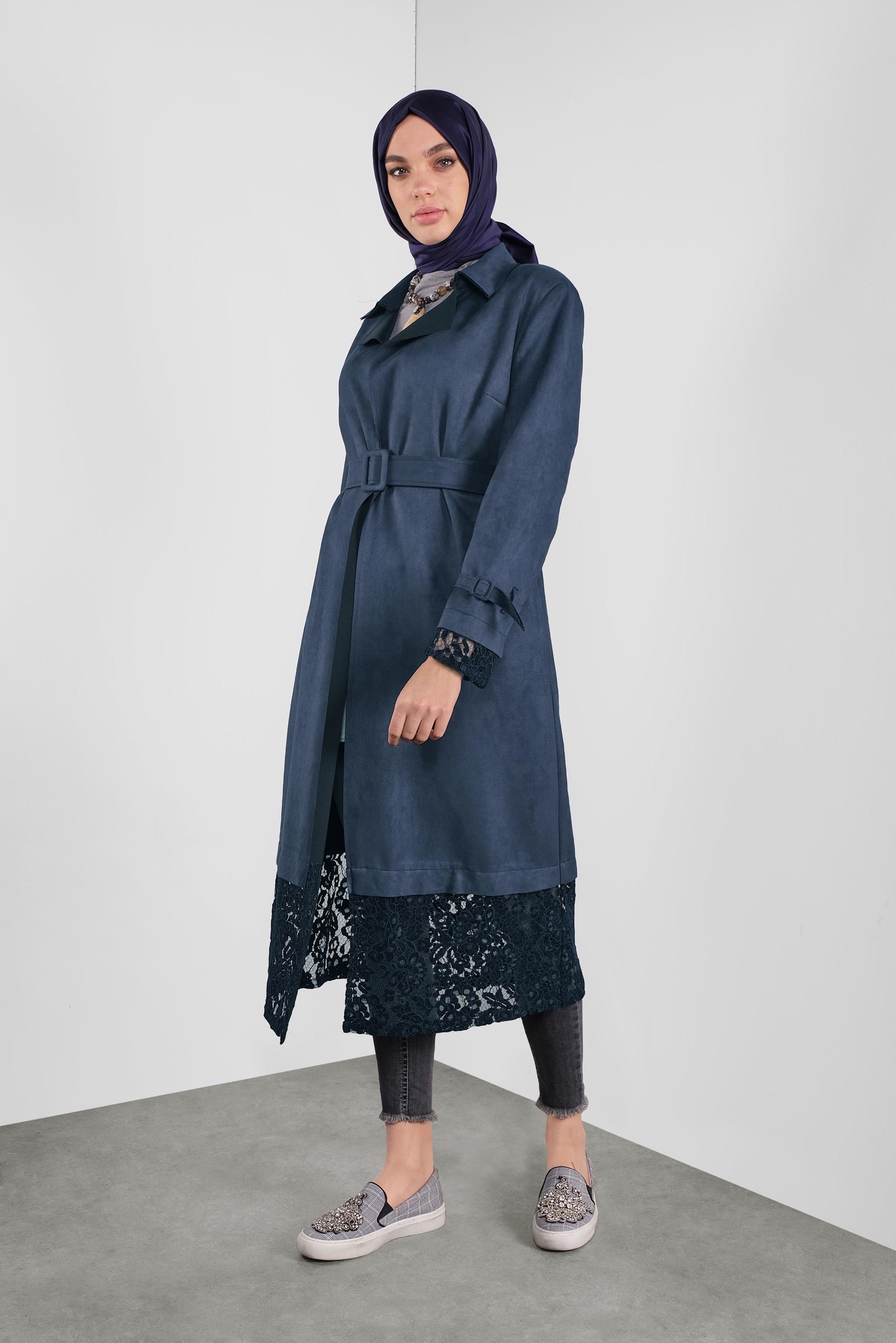 Tesettür giyim LACİVERT KEMERLİ SÜET CEKET 41175