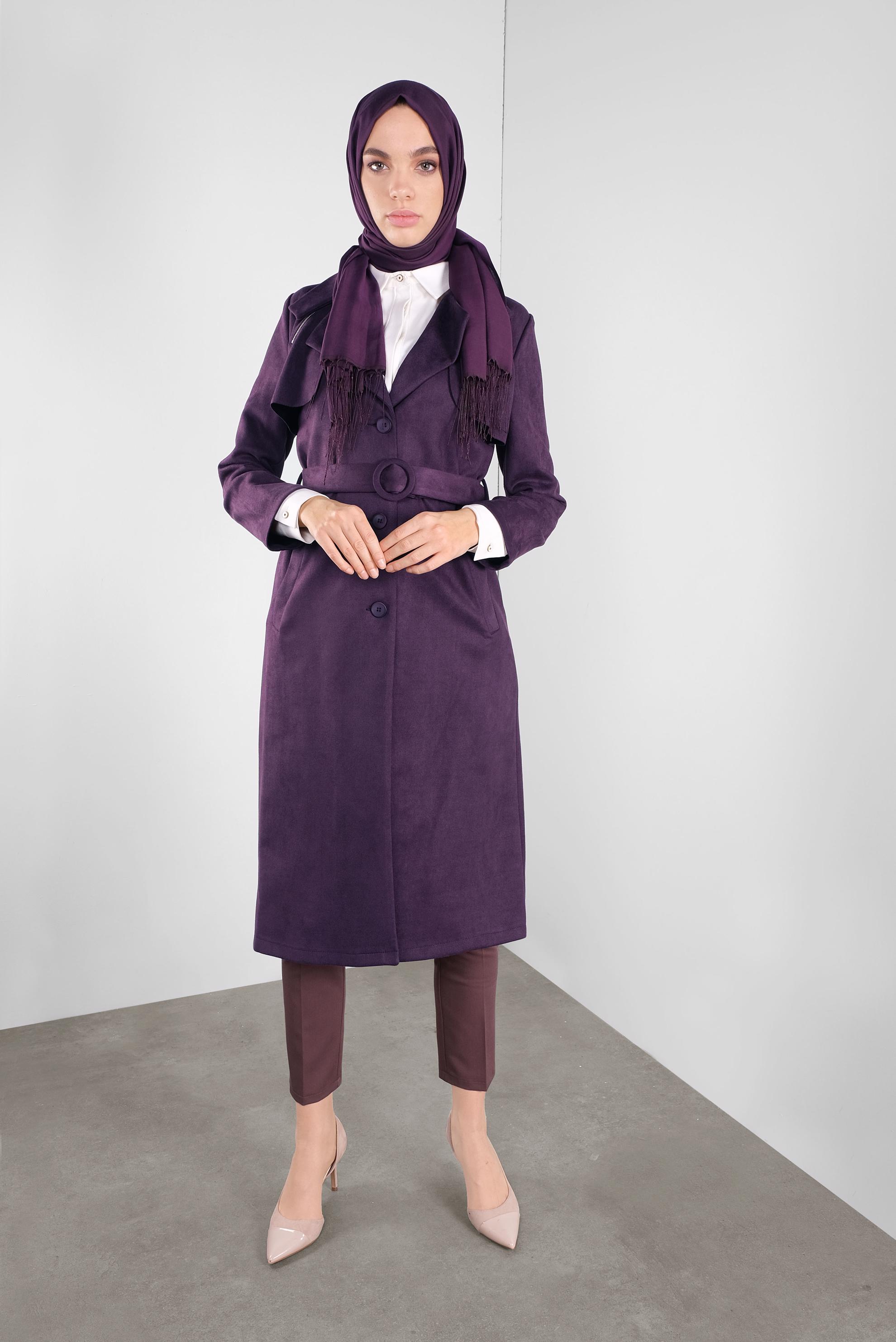 Tesettür giyim MOR SÜET KEMERLİ CEKET 41185 