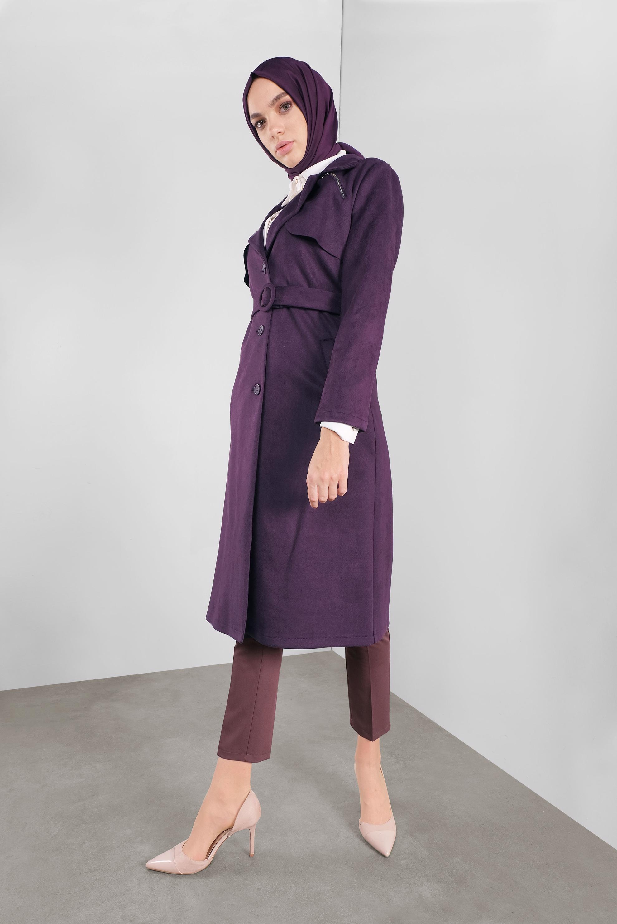 Tesettür giyim MOR SÜET KEMERLİ CEKET 41185 