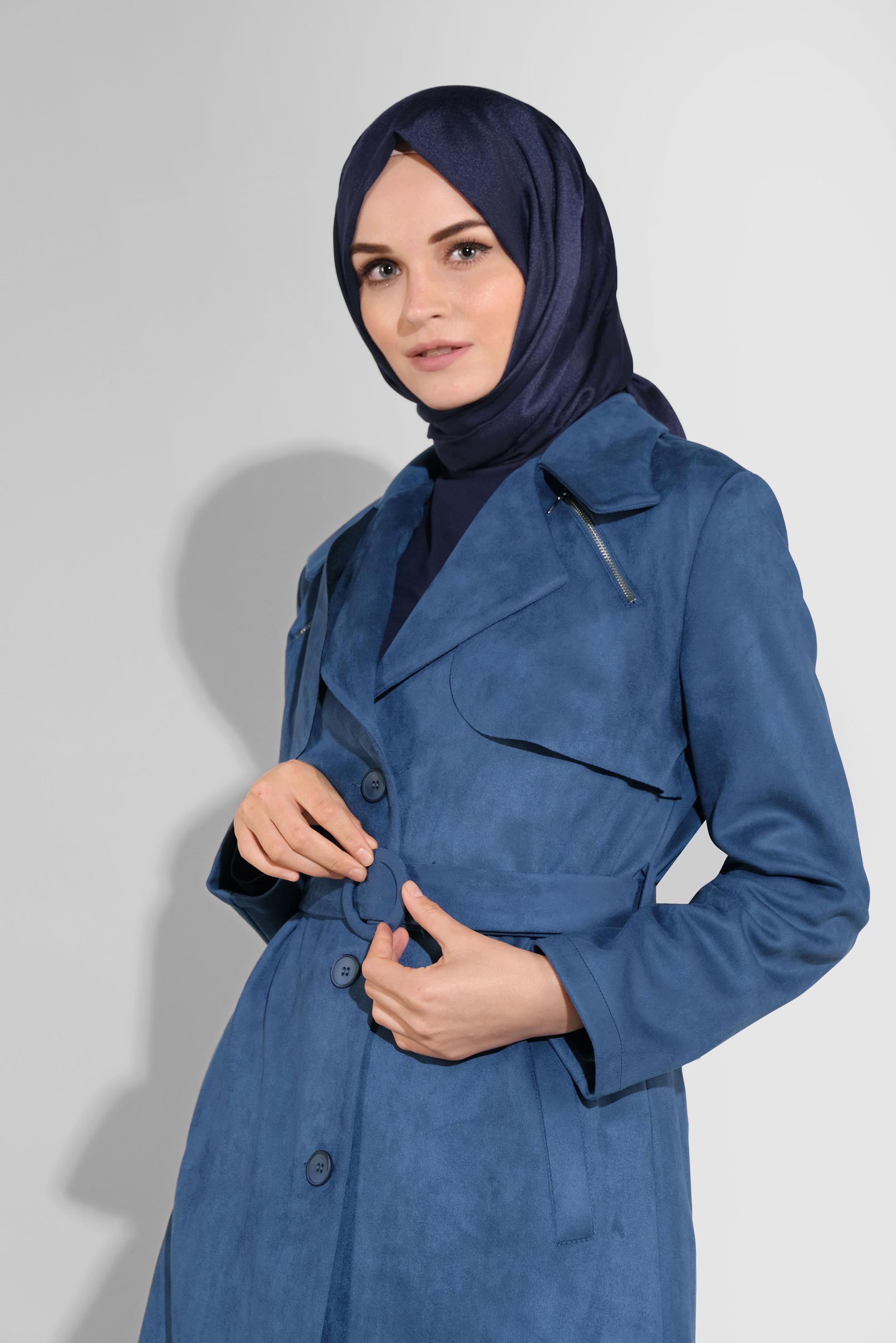 Tesettür giyim LACİVERT SÜET KEMERLİ CEKET 41185 