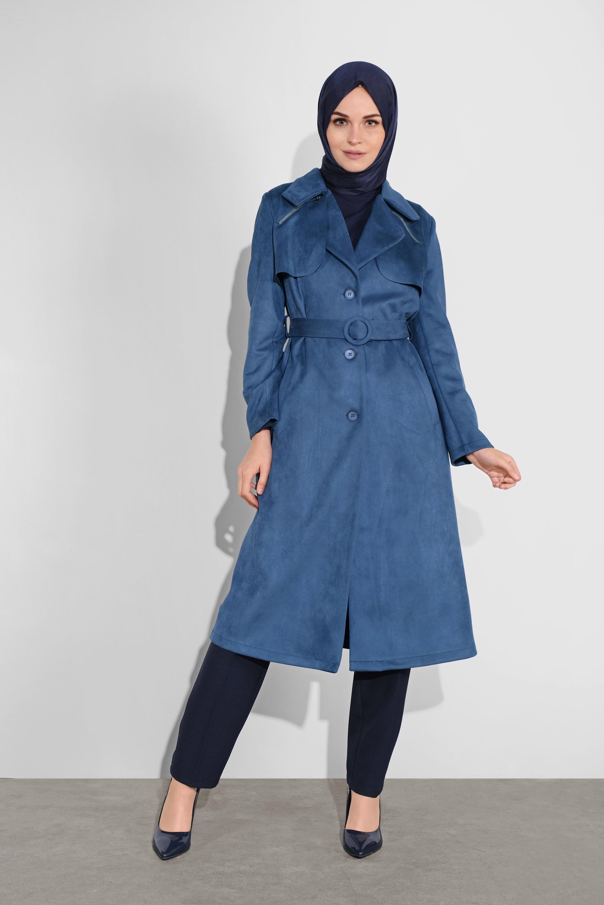 Tesettür giyim LACİVERT SÜET KEMERLİ CEKET 41185 