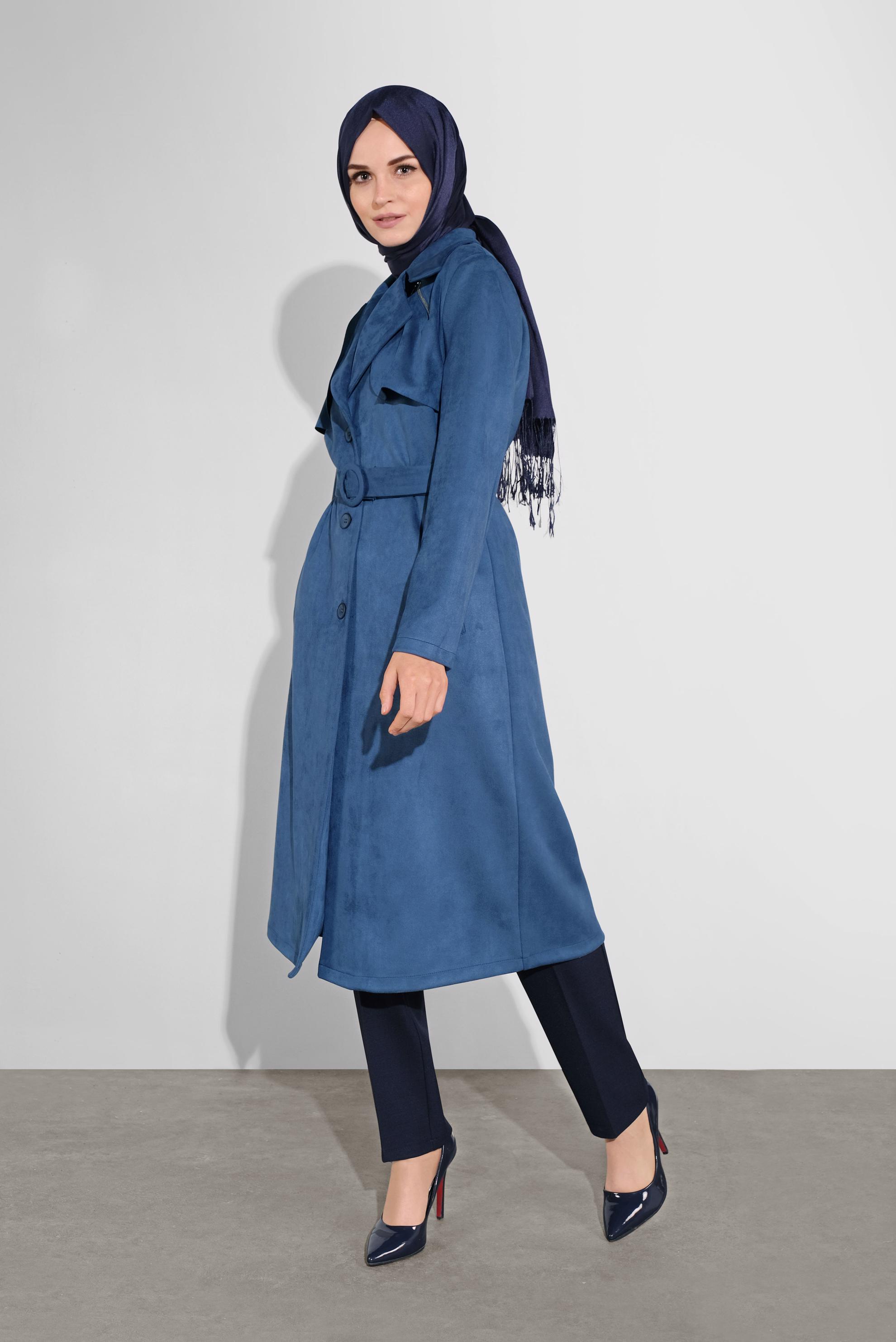 Tesettür giyim LACİVERT SÜET KEMERLİ CEKET 41185 