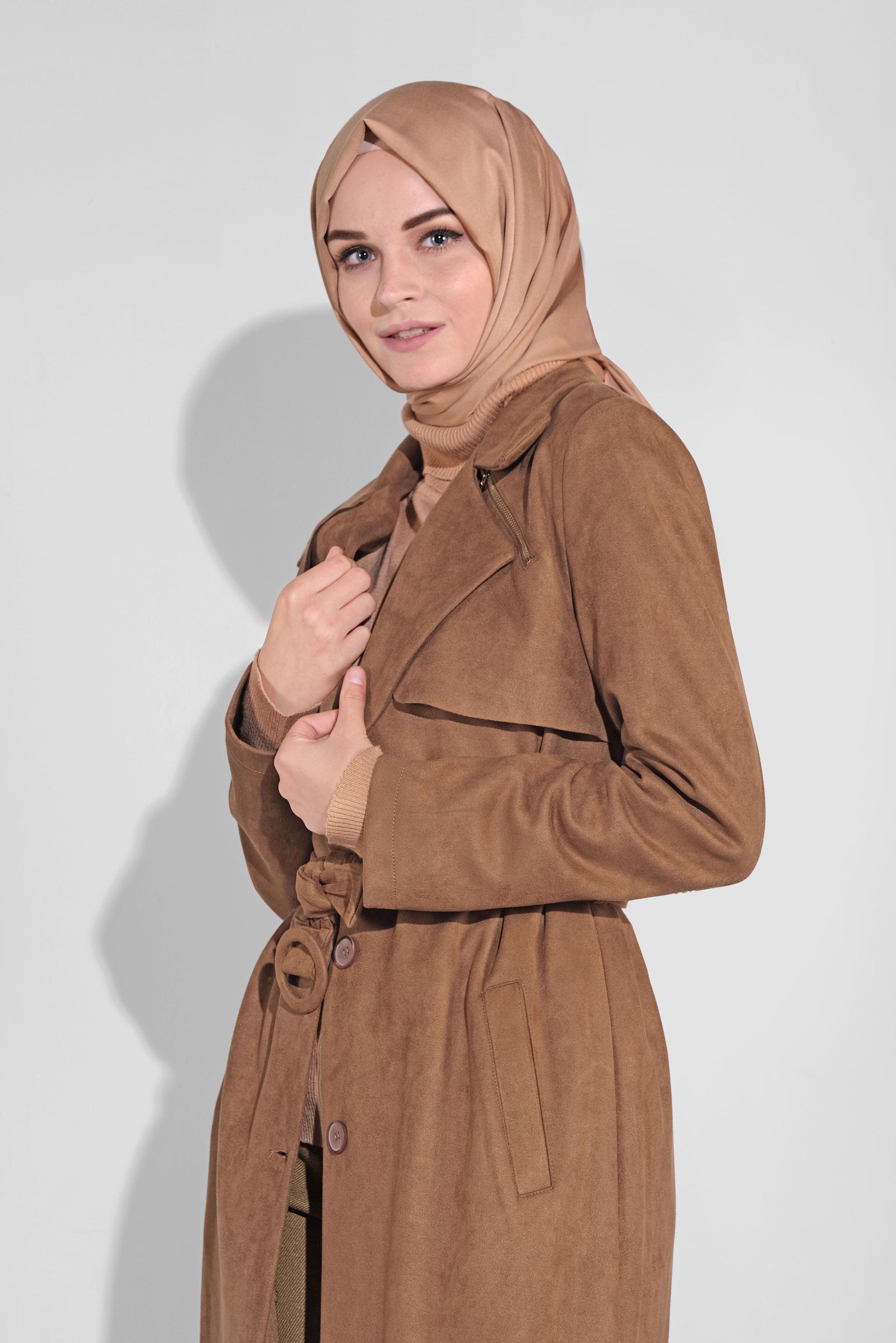 Hijab clothing BROWN BELTED SUEDE JACKET 41185 