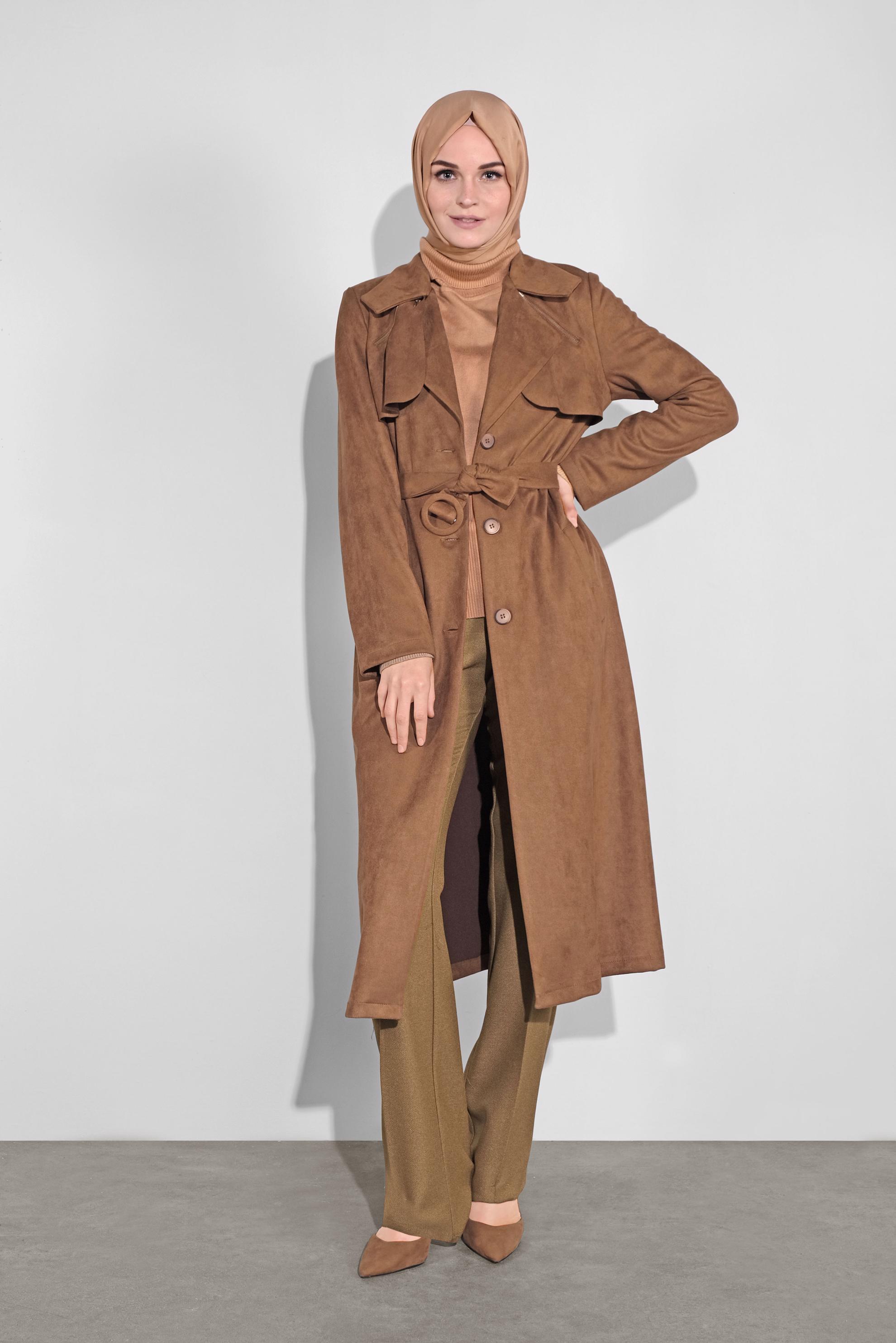Hijab clothing BROWN BELTED SUEDE JACKET 41185 