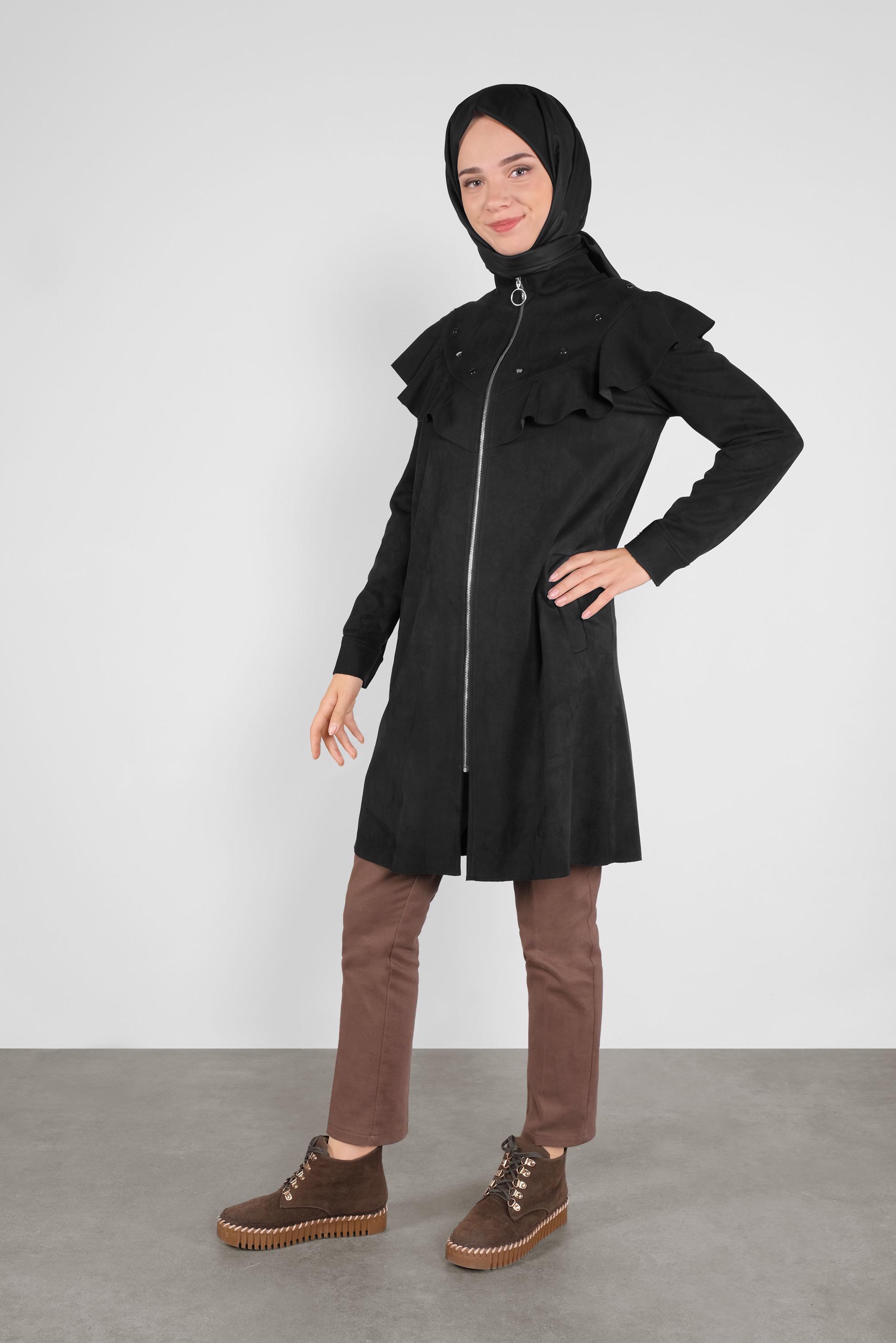 Hijab clothing BLACK STUDDED RUFFLED SUEDE JACKET 41196 