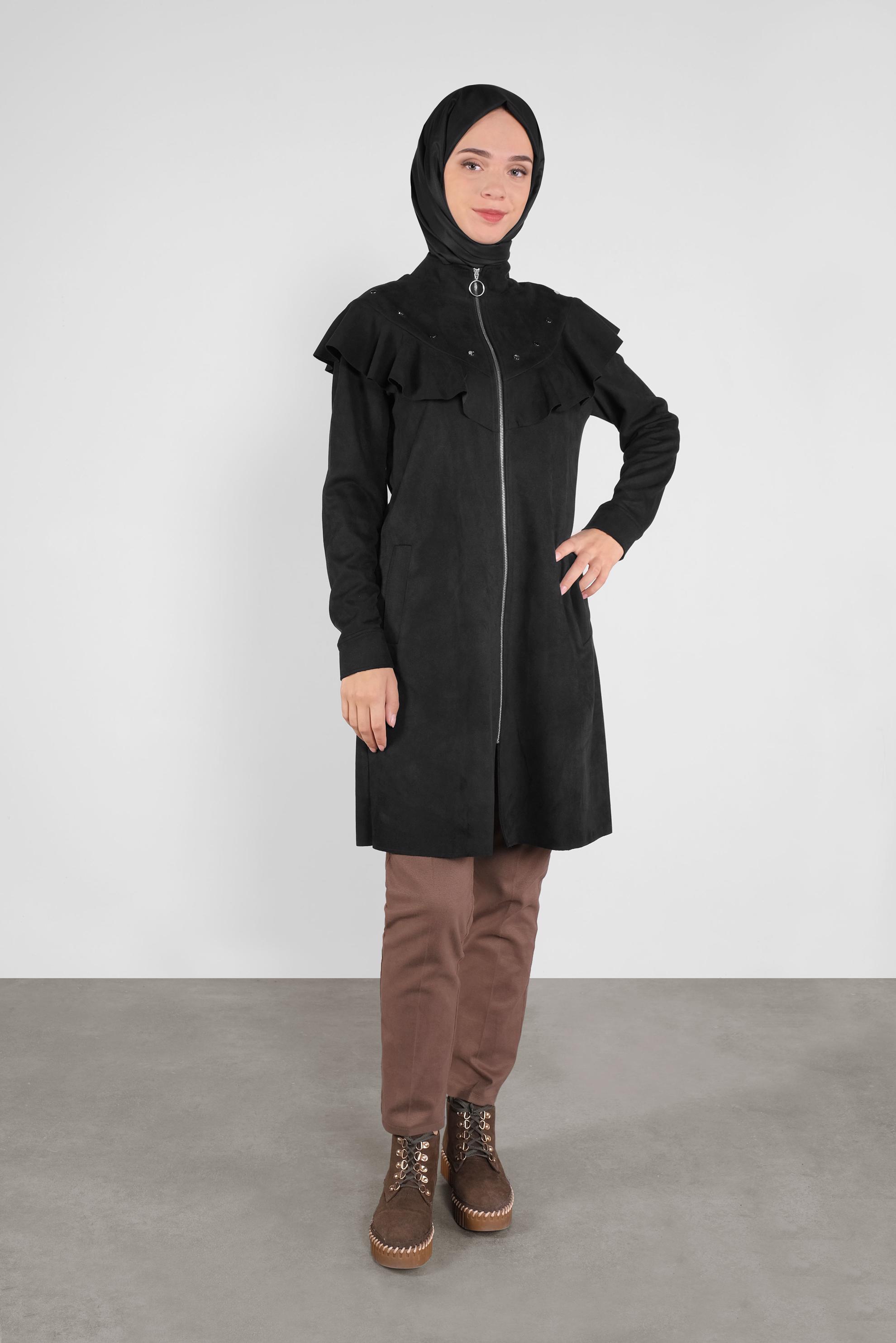 Hijab clothing BLACK STUDDED RUFFLED SUEDE JACKET 41196 