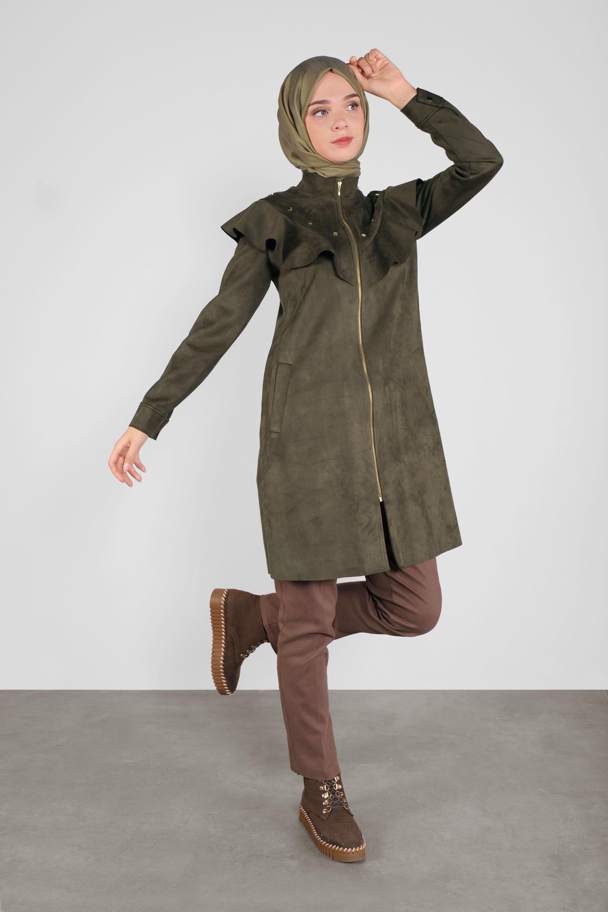 Tesettür giyim HAKİ ZIMBALI FIRFIRLI SÜET CEKET 41196 