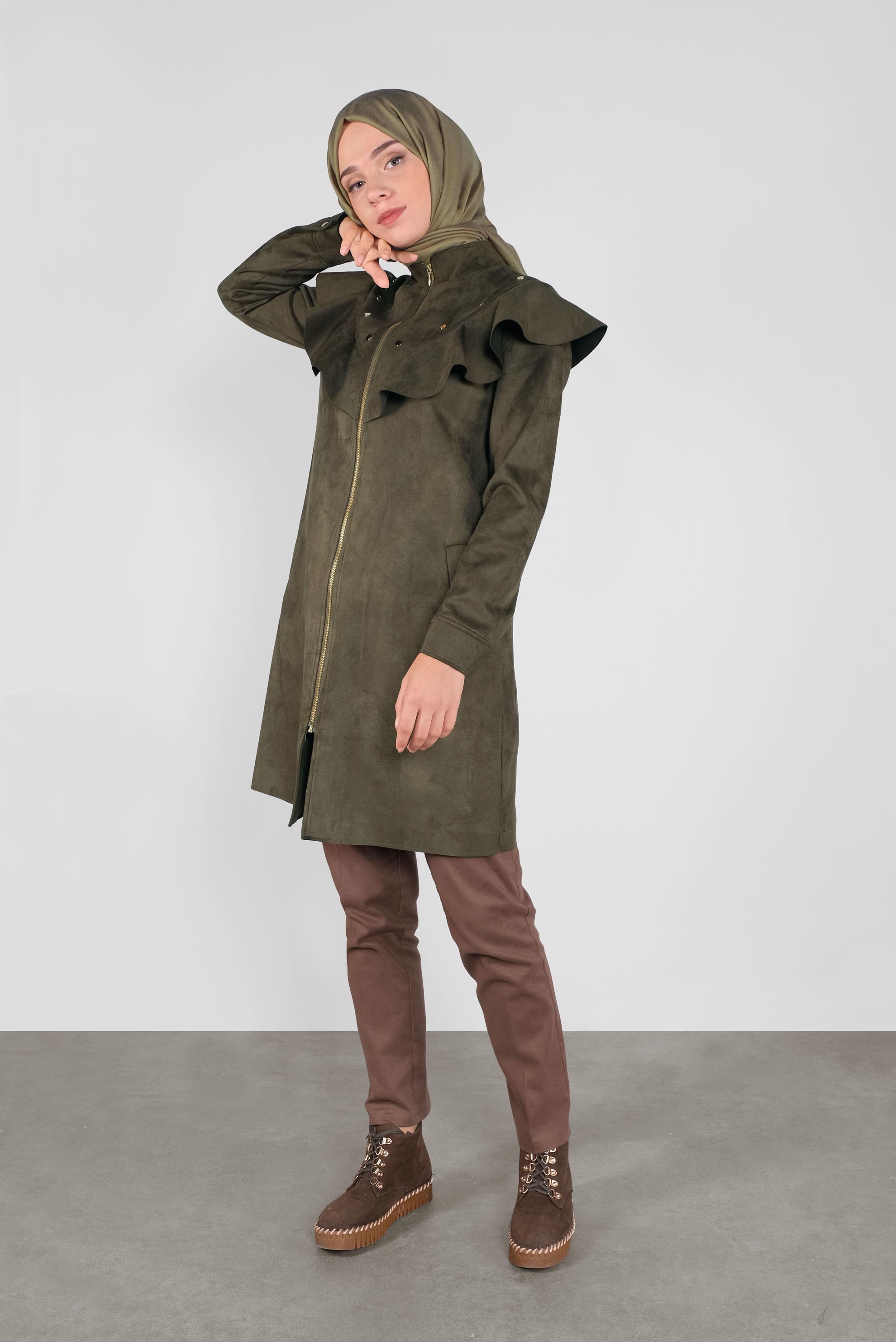 Tesettür giyim HAKİ ZIMBALI FIRFIRLI SÜET CEKET 41196 