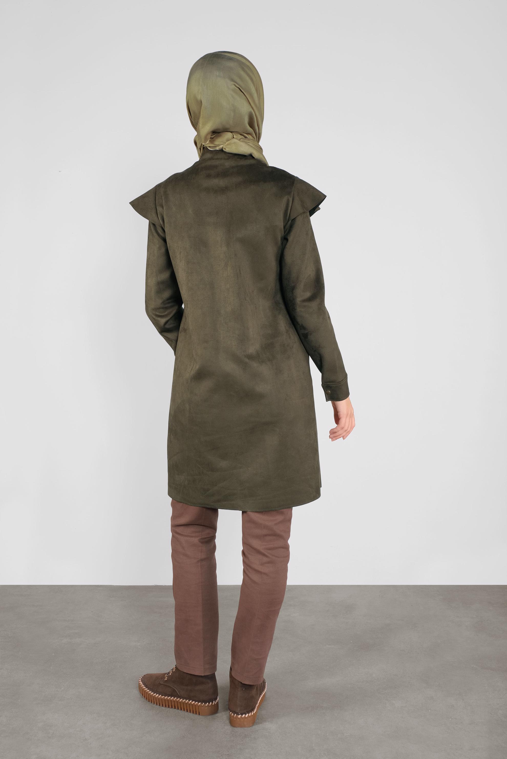 Tesettür giyim HAKİ ZIMBALI FIRFIRLI SÜET CEKET 41196 