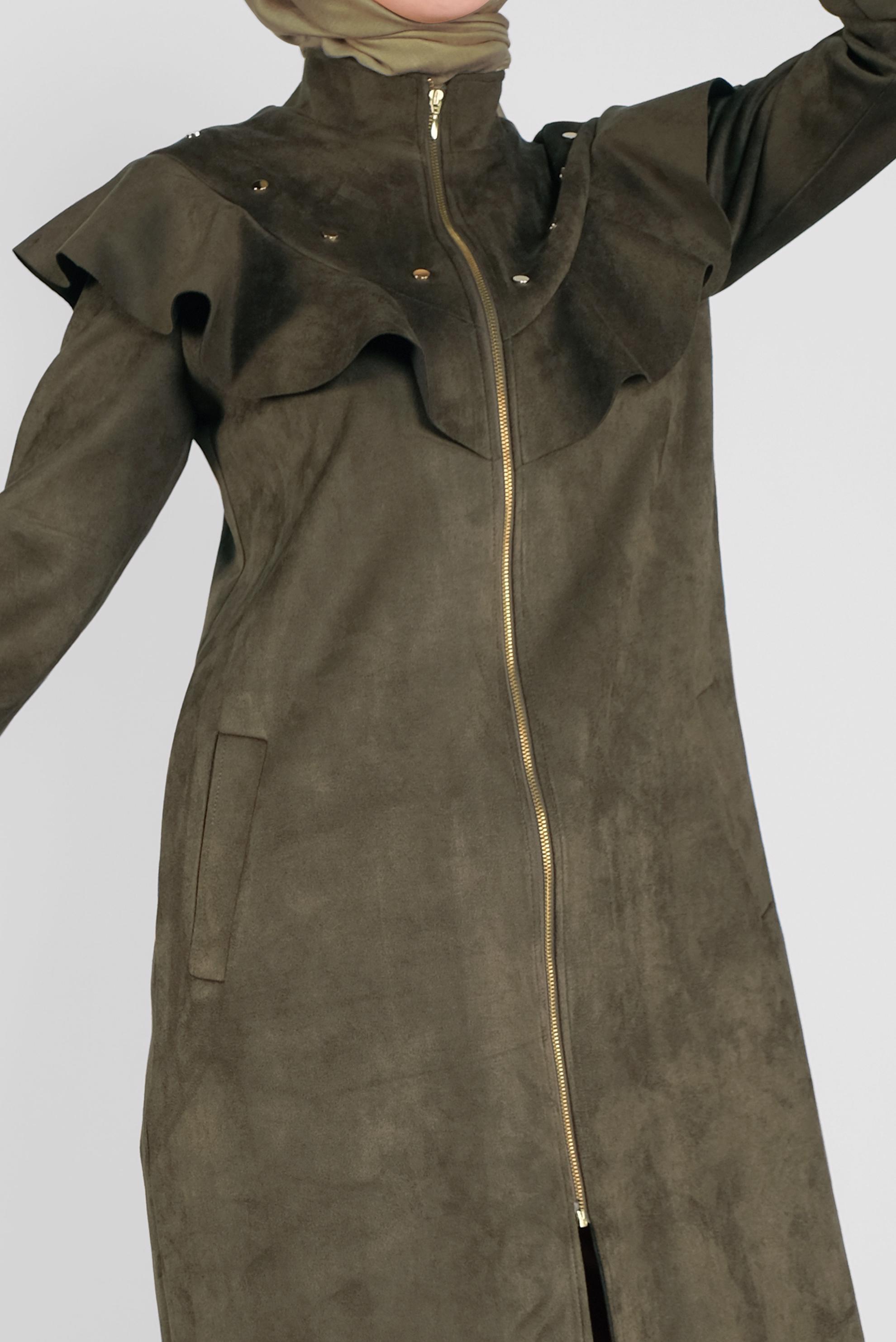 Tesettür giyim HAKİ ZIMBALI FIRFIRLI SÜET CEKET 41196 