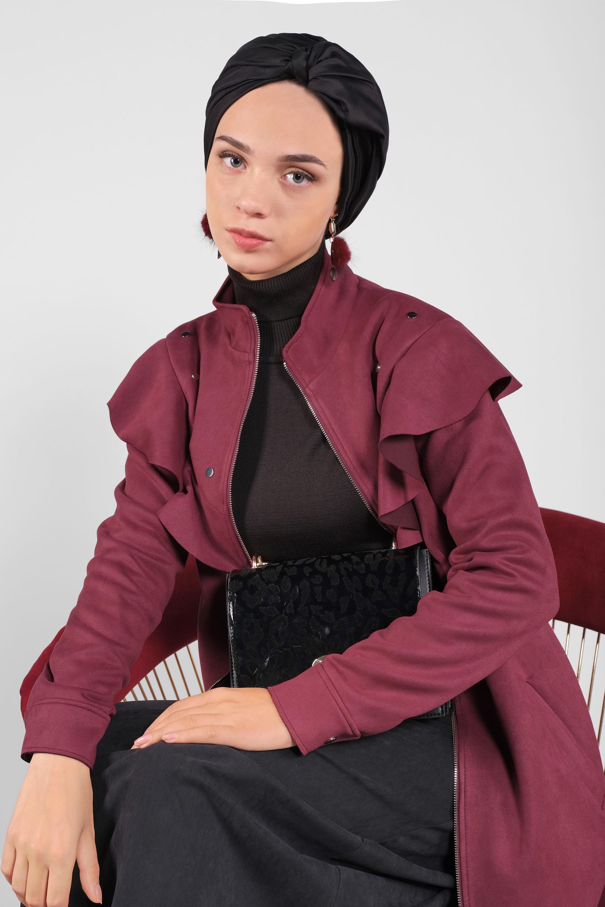 Hijab clothing CLARET RED STUDDED RUFFLED SUEDE JACKET 41196 