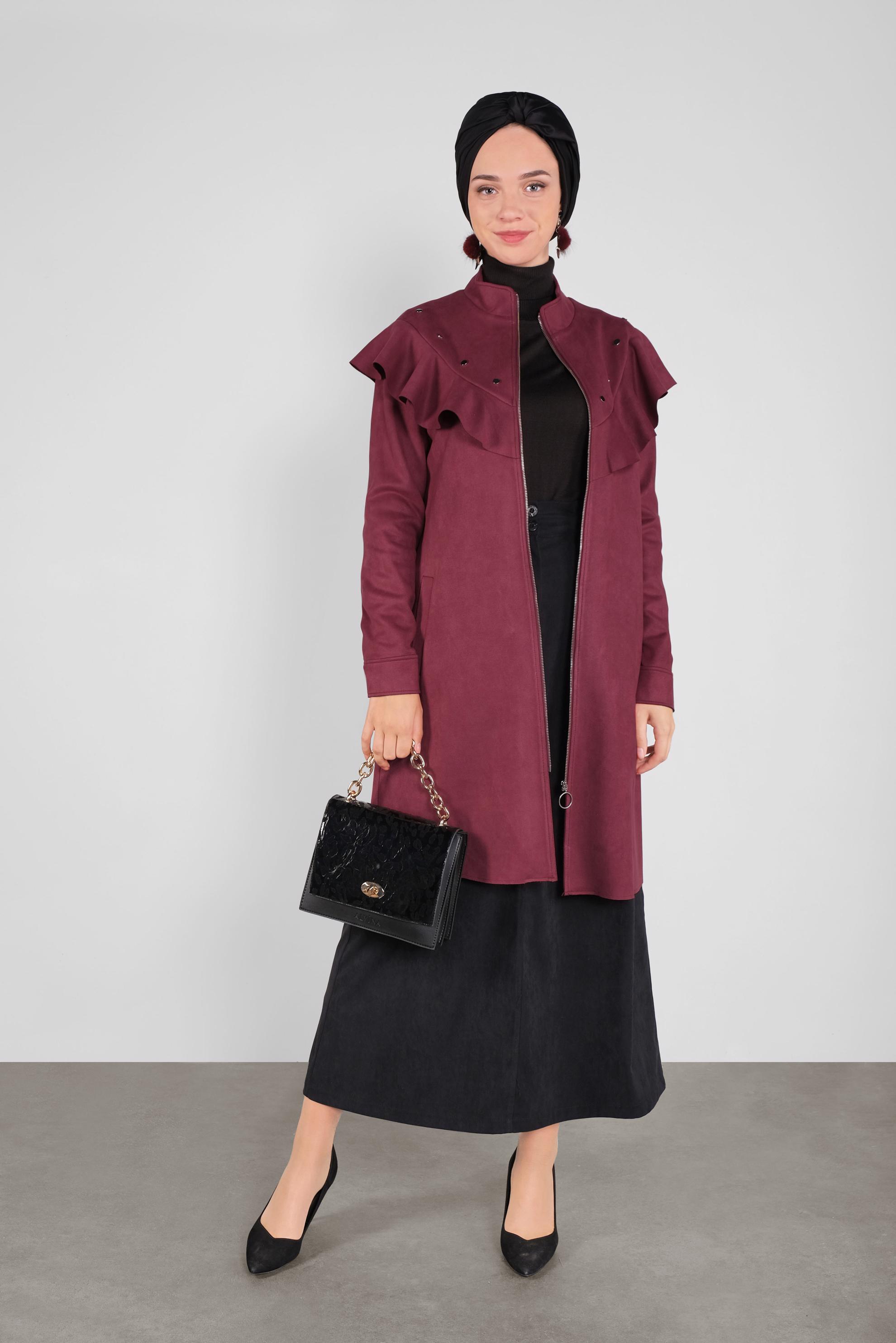 Hijab clothing CLARET RED STUDDED RUFFLED SUEDE JACKET 41196 