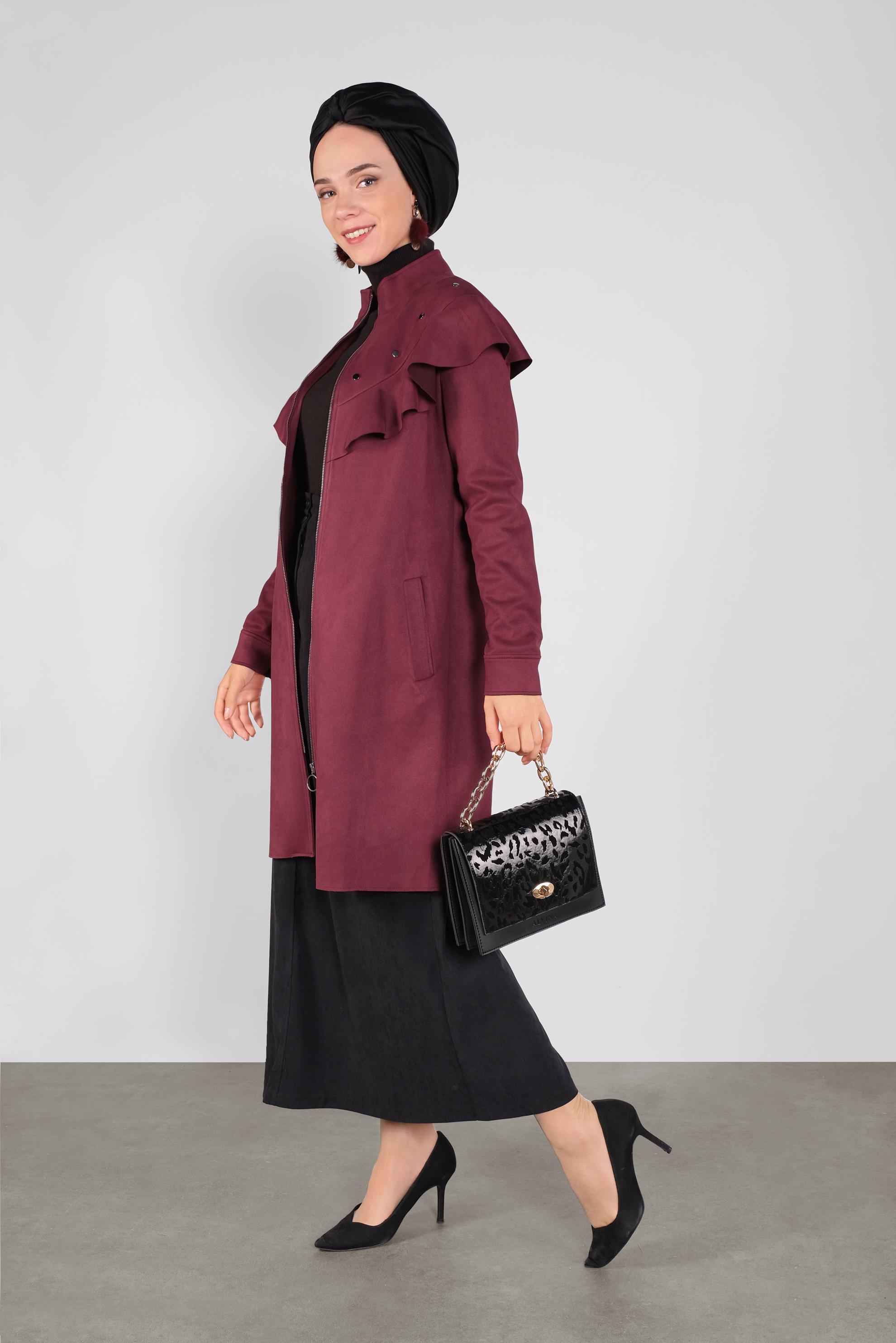 Hijab clothing CLARET RED STUDDED RUFFLED SUEDE JACKET 41196 