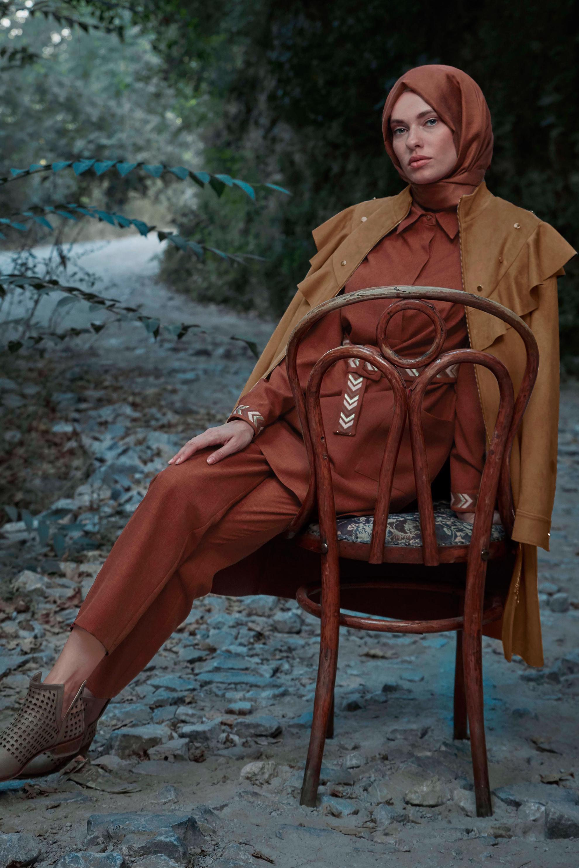 Hijab clothing BROWN STUDDED RUFFLED SUEDE JACKET 41196 