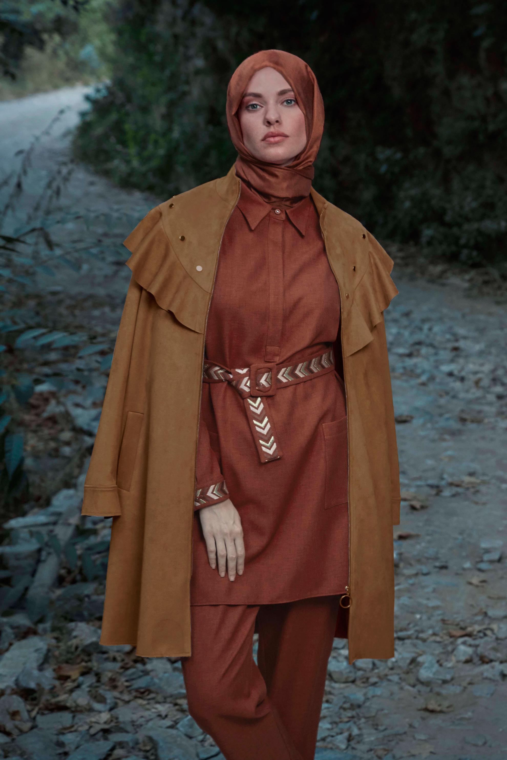 Hijab clothing BROWN STUDDED RUFFLED SUEDE JACKET 41196 