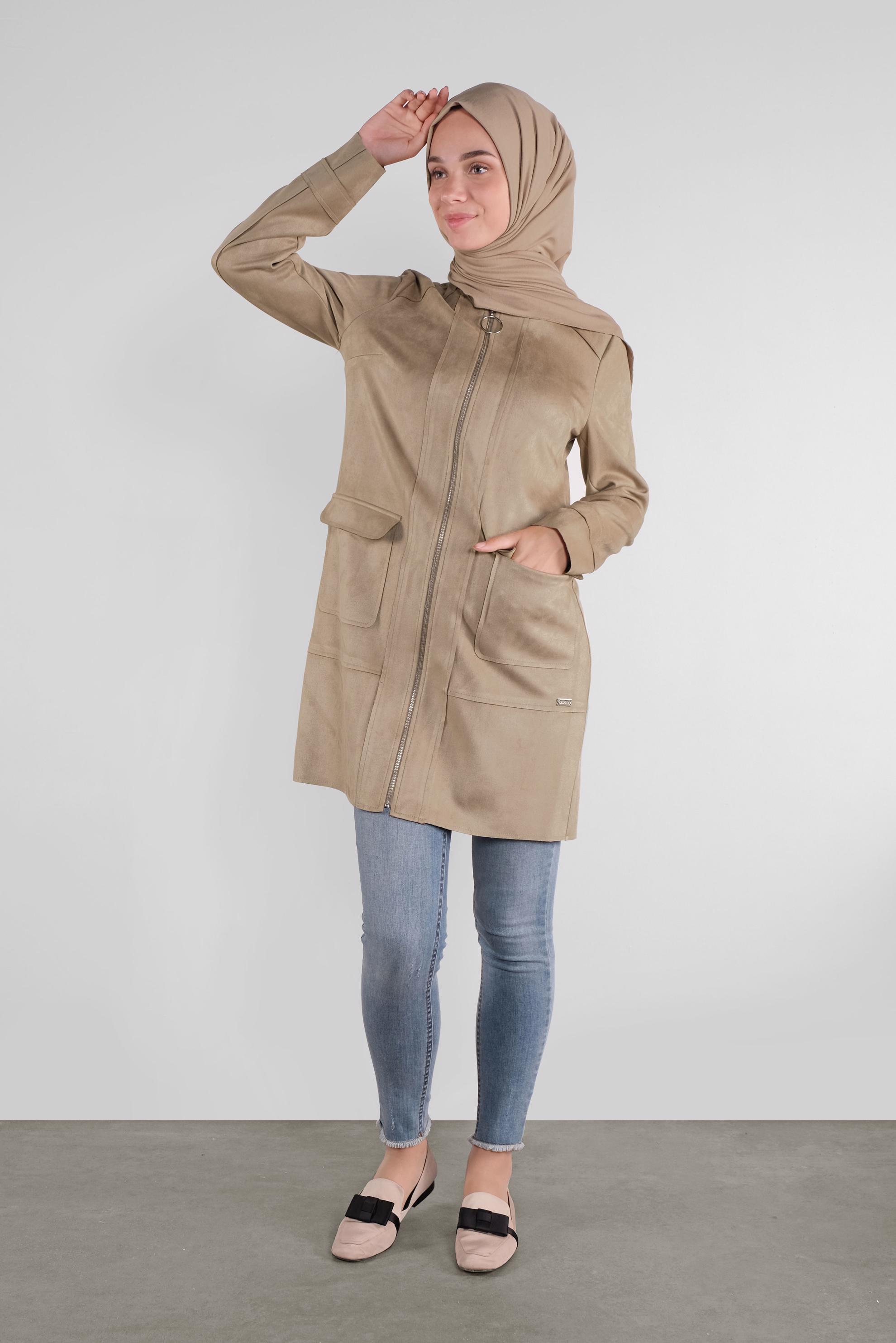 Tesettür giyim BEJ FERMUARLI SÜET CEKET 41200
