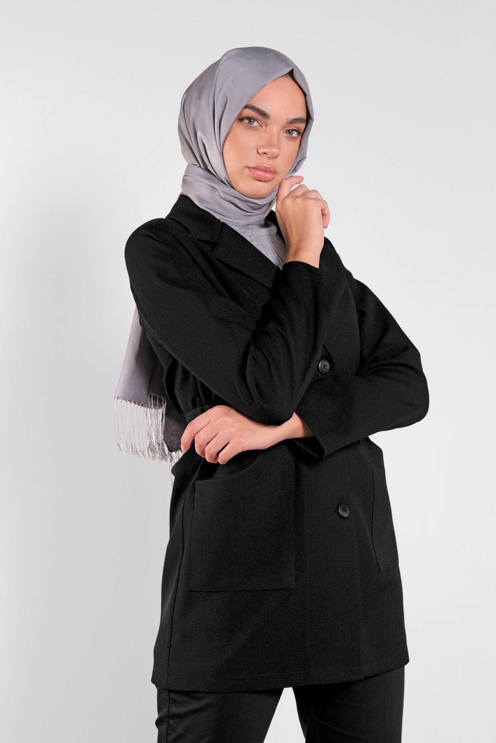 Tesettür giyim SİYAH KRUVAZE YAKA KEMERLİ CEKET 41223 