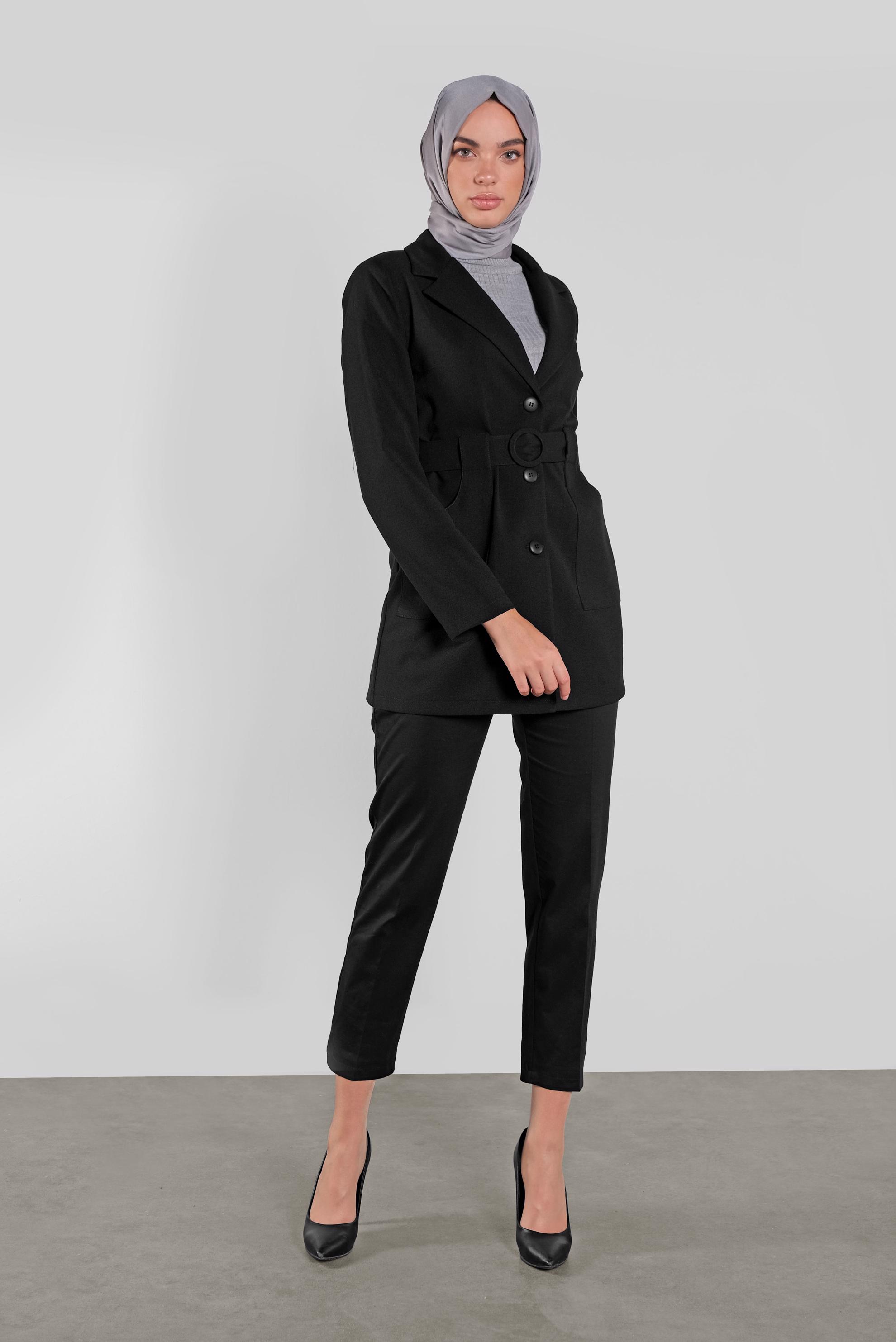 Tesettür giyim SİYAH KRUVAZE YAKA KEMERLİ CEKET 41223 