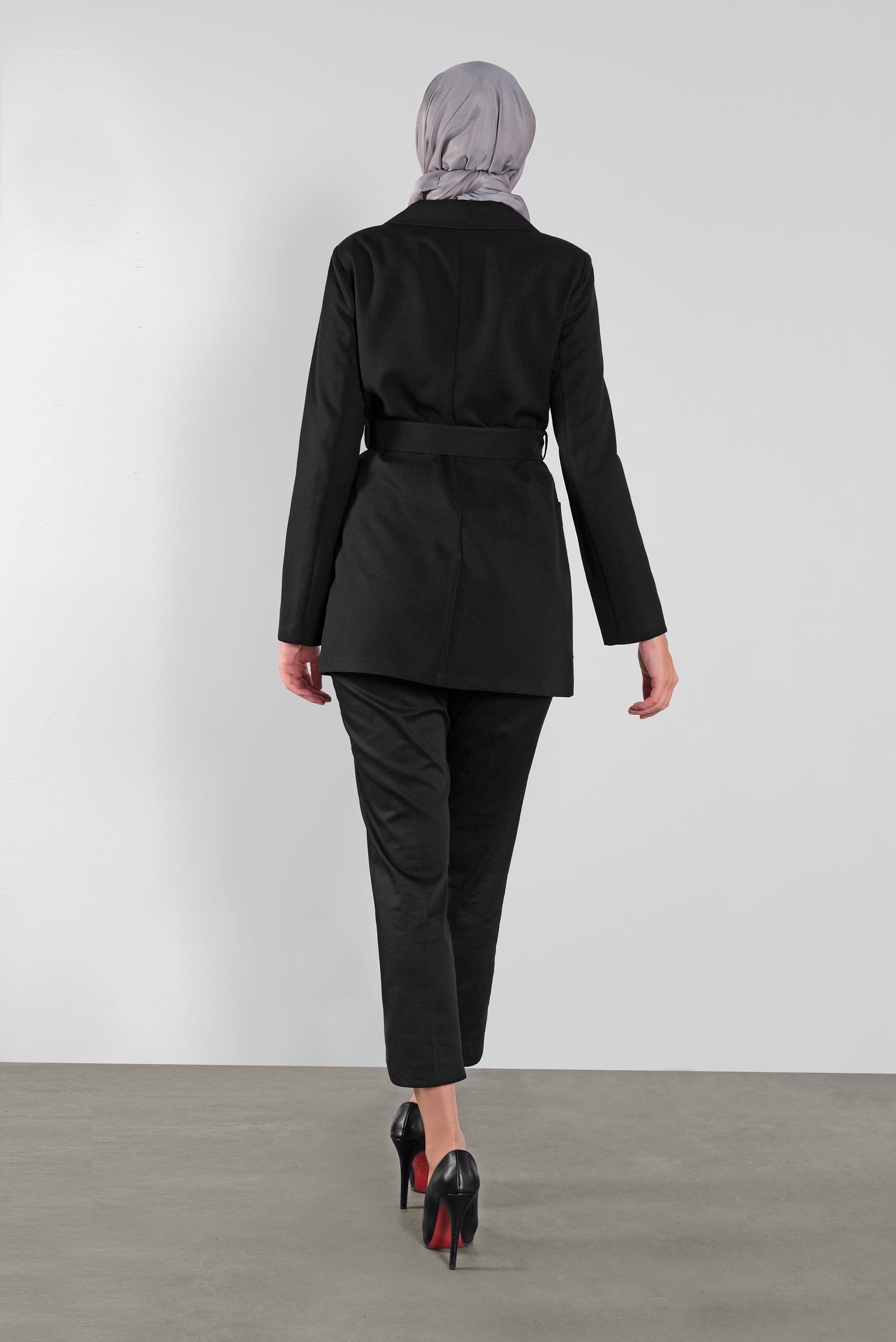 Tesettür giyim SİYAH KRUVAZE YAKA KEMERLİ CEKET 41223 