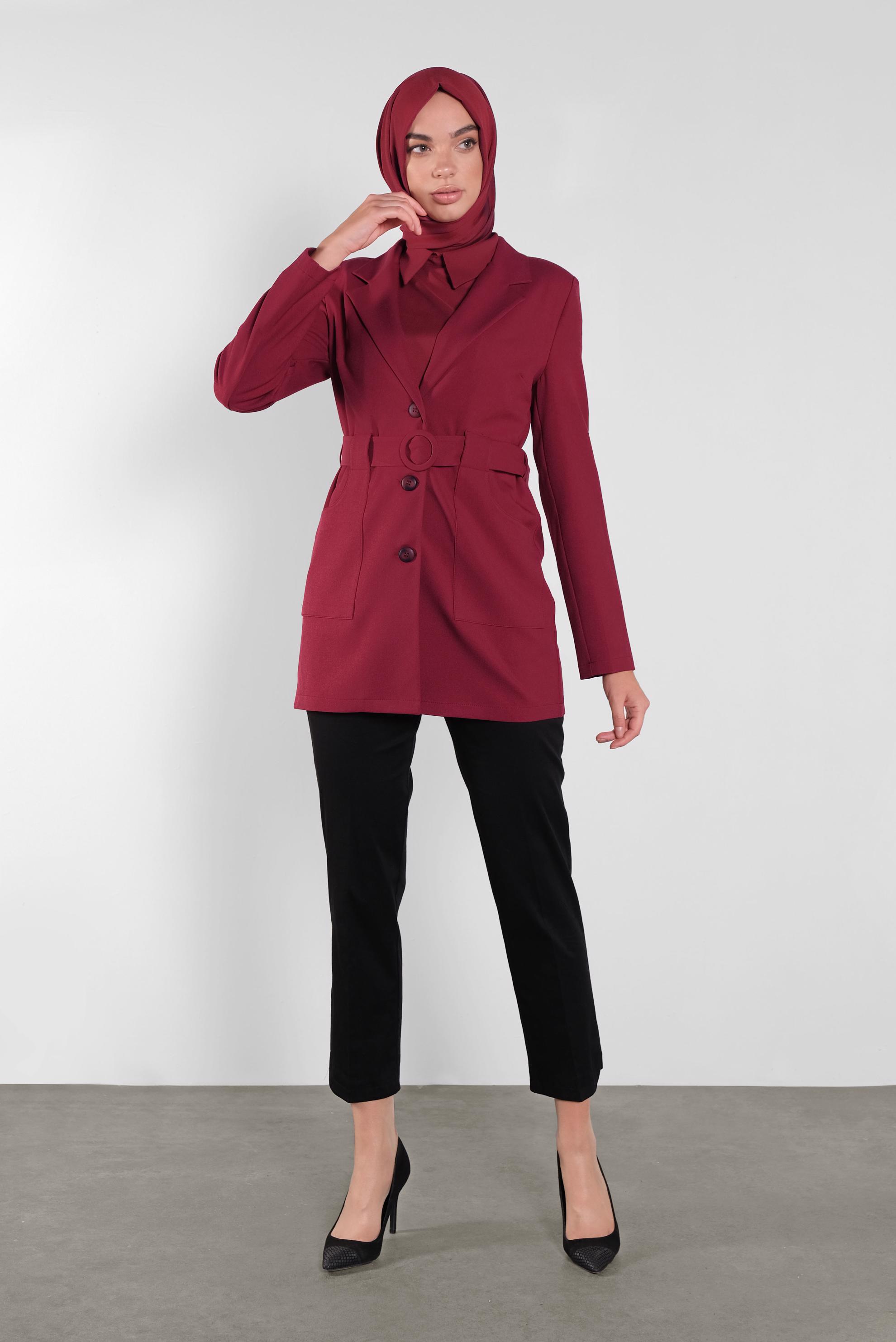 Tesettür giyim BORDO KRUVAZE YAKA KEMERLİ CEKET 41223 