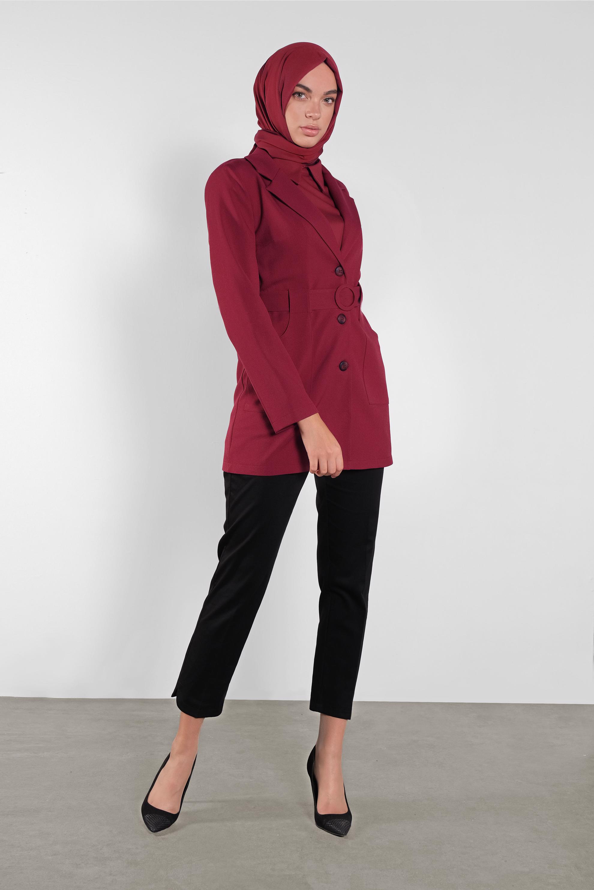 Tesettür giyim BORDO KRUVAZE YAKA KEMERLİ CEKET 41223 