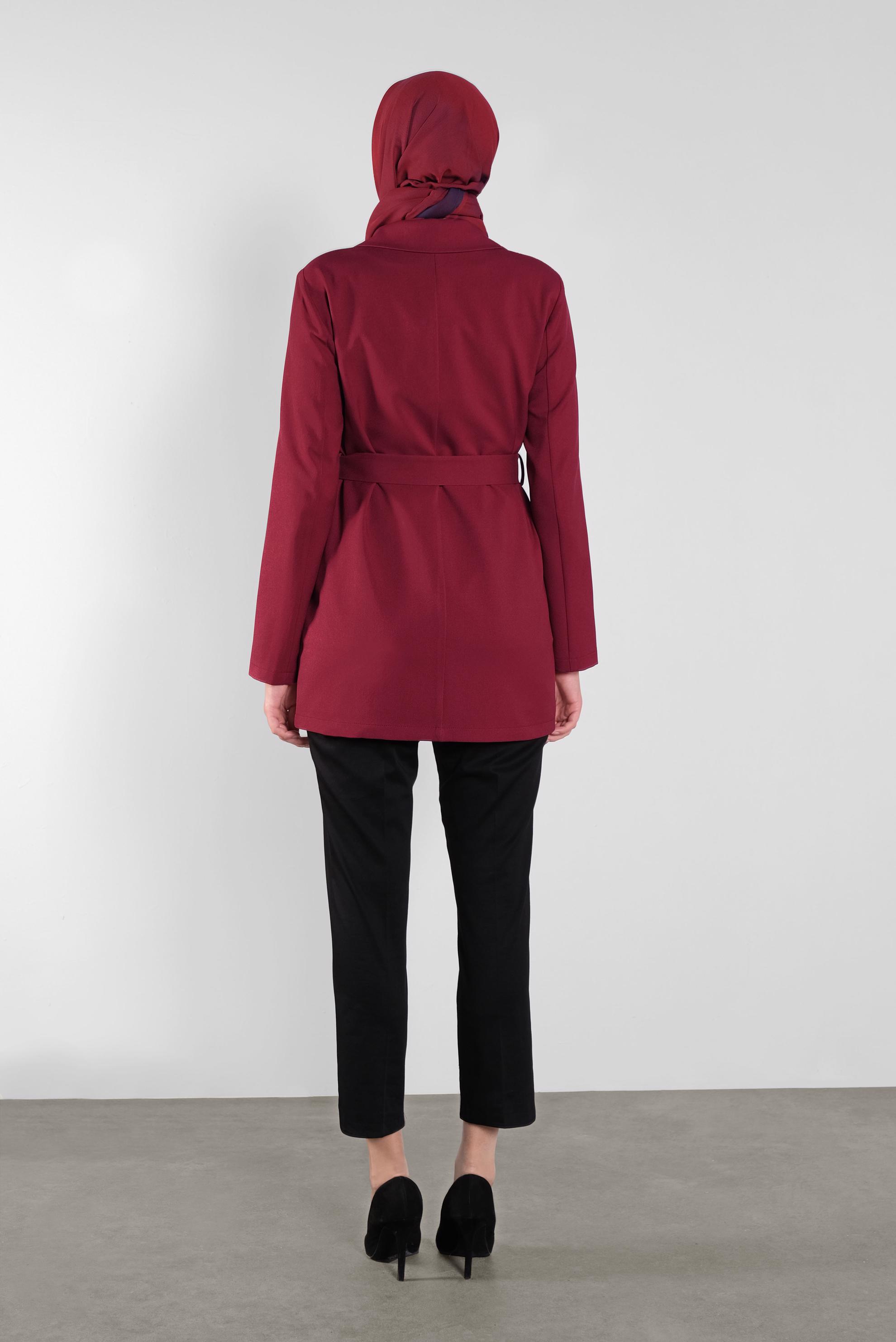 Tesettür giyim BORDO KRUVAZE YAKA KEMERLİ CEKET 41223 