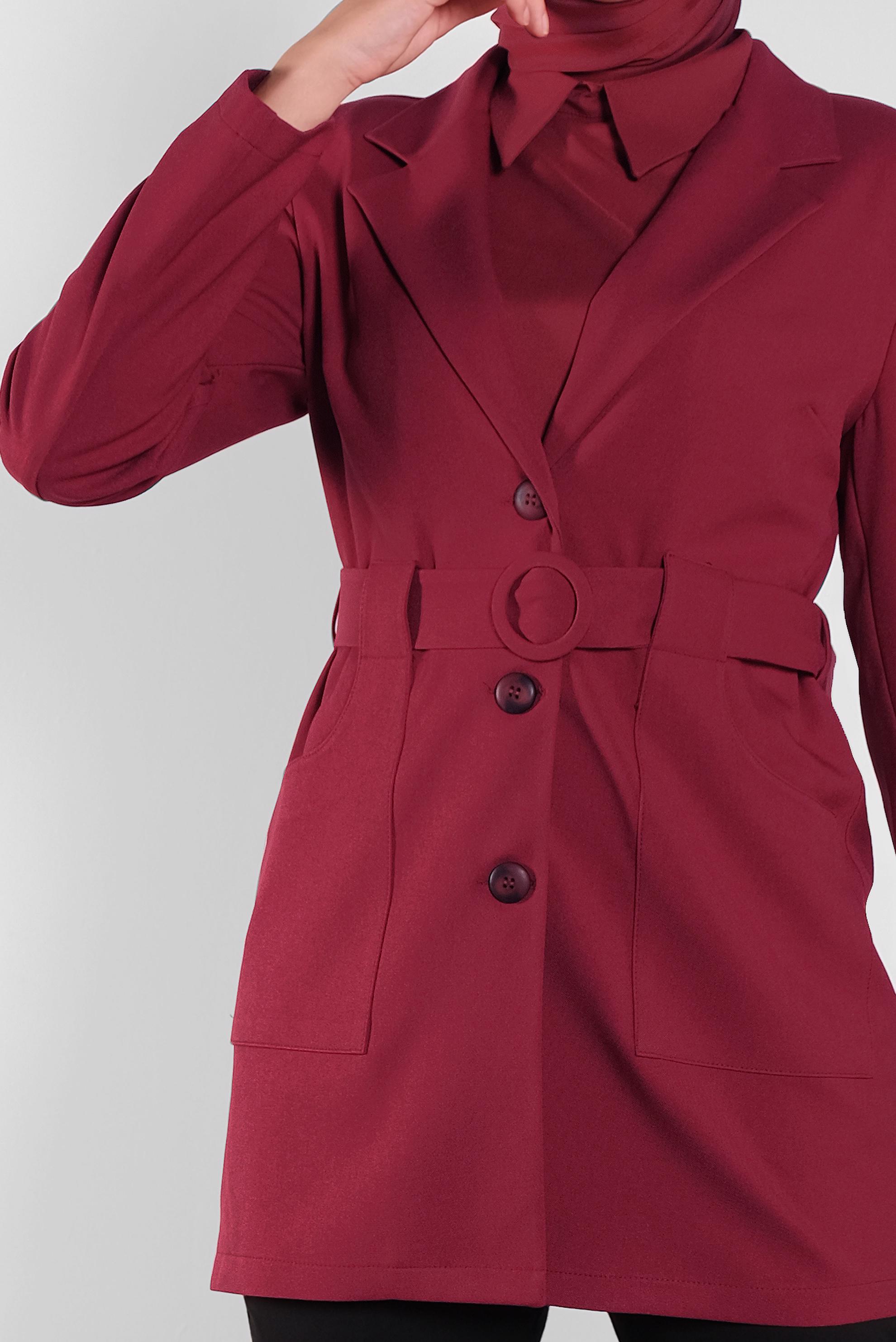 Tesettür giyim BORDO KRUVAZE YAKA KEMERLİ CEKET 41223 