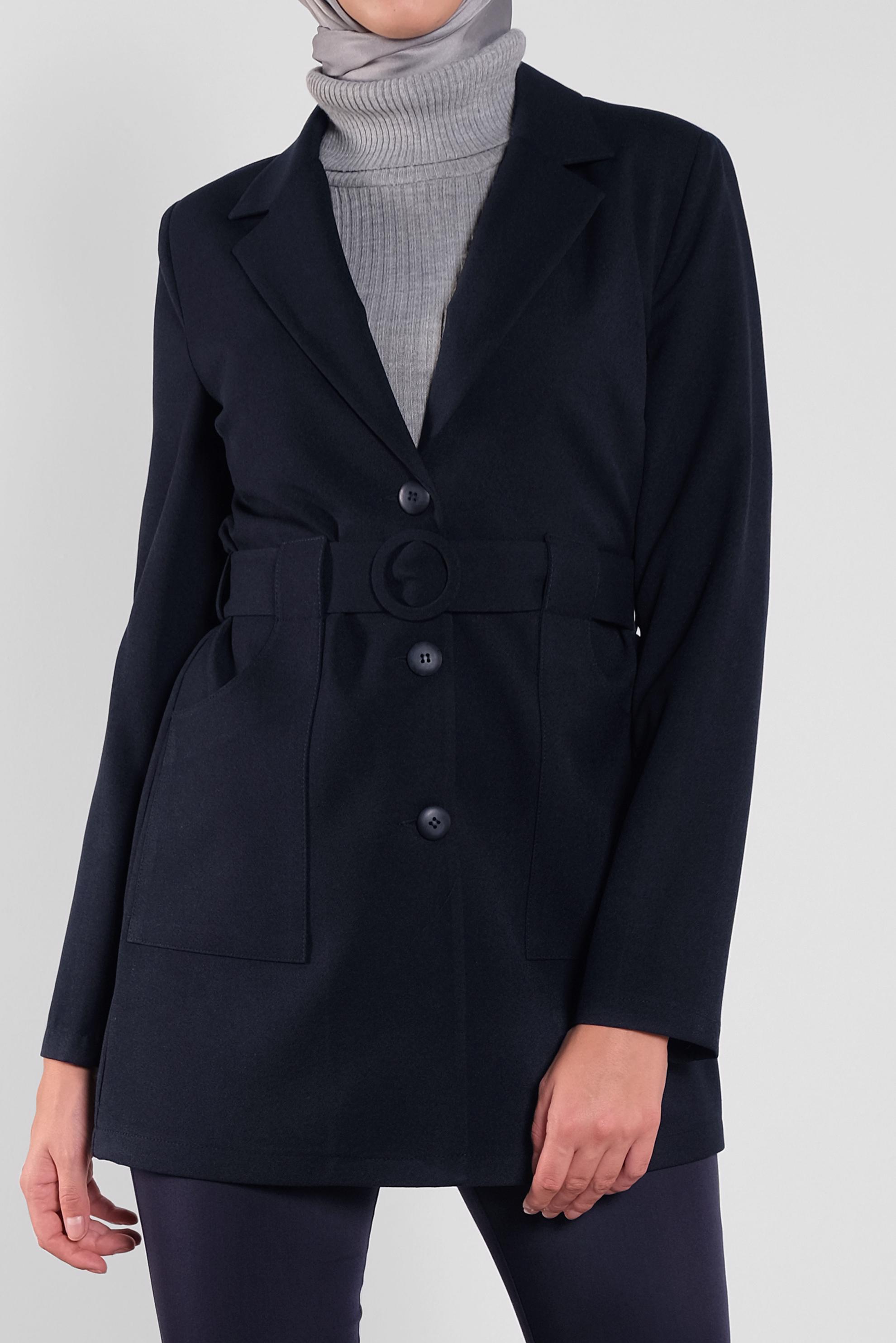 Tesettür giyim LACİVERT KRUVAZE YAKA KEMERLİ CEKET 41223 