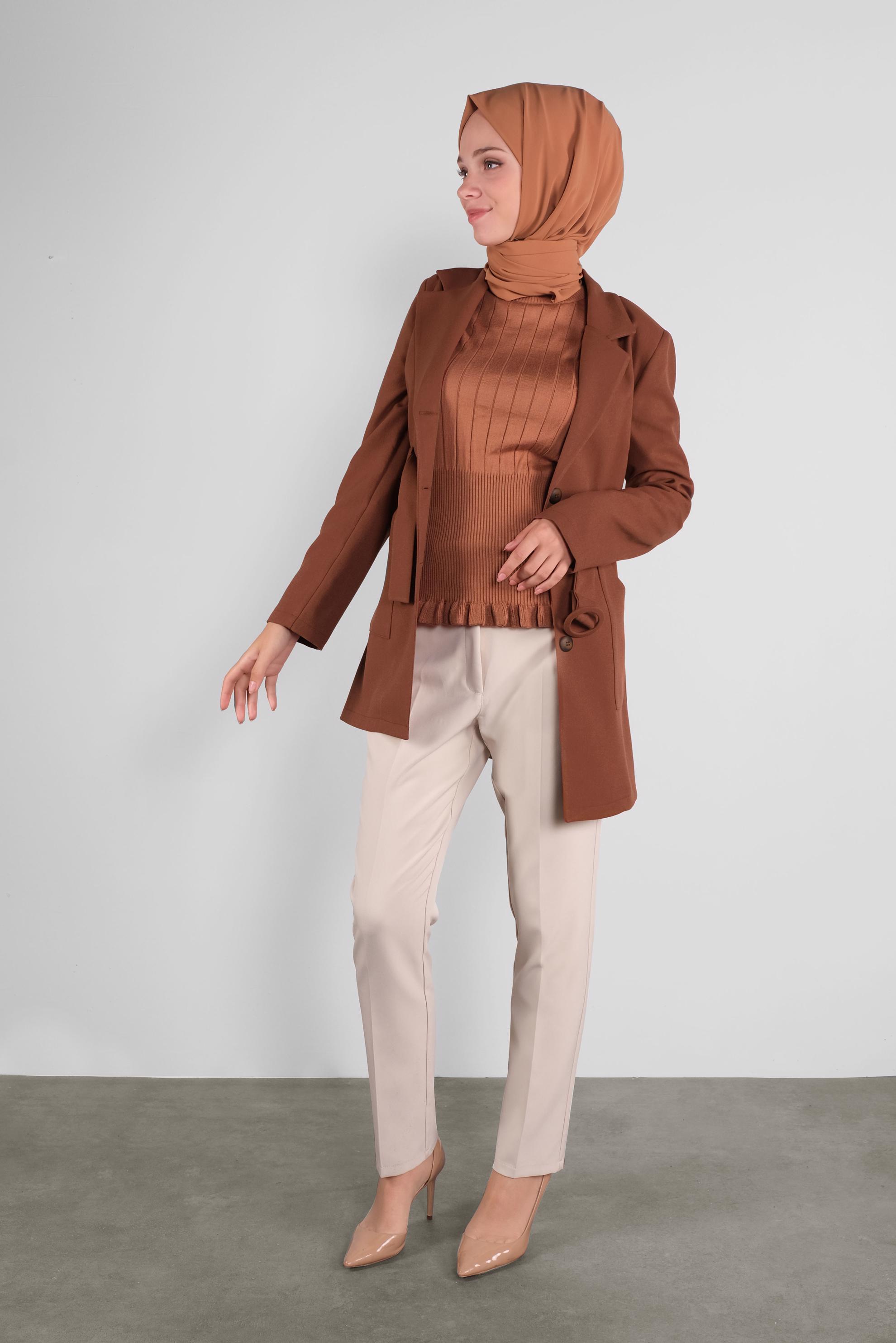 Tesettür giyim TABA KRUVAZE YAKA KEMERLİ CEKET 41223 