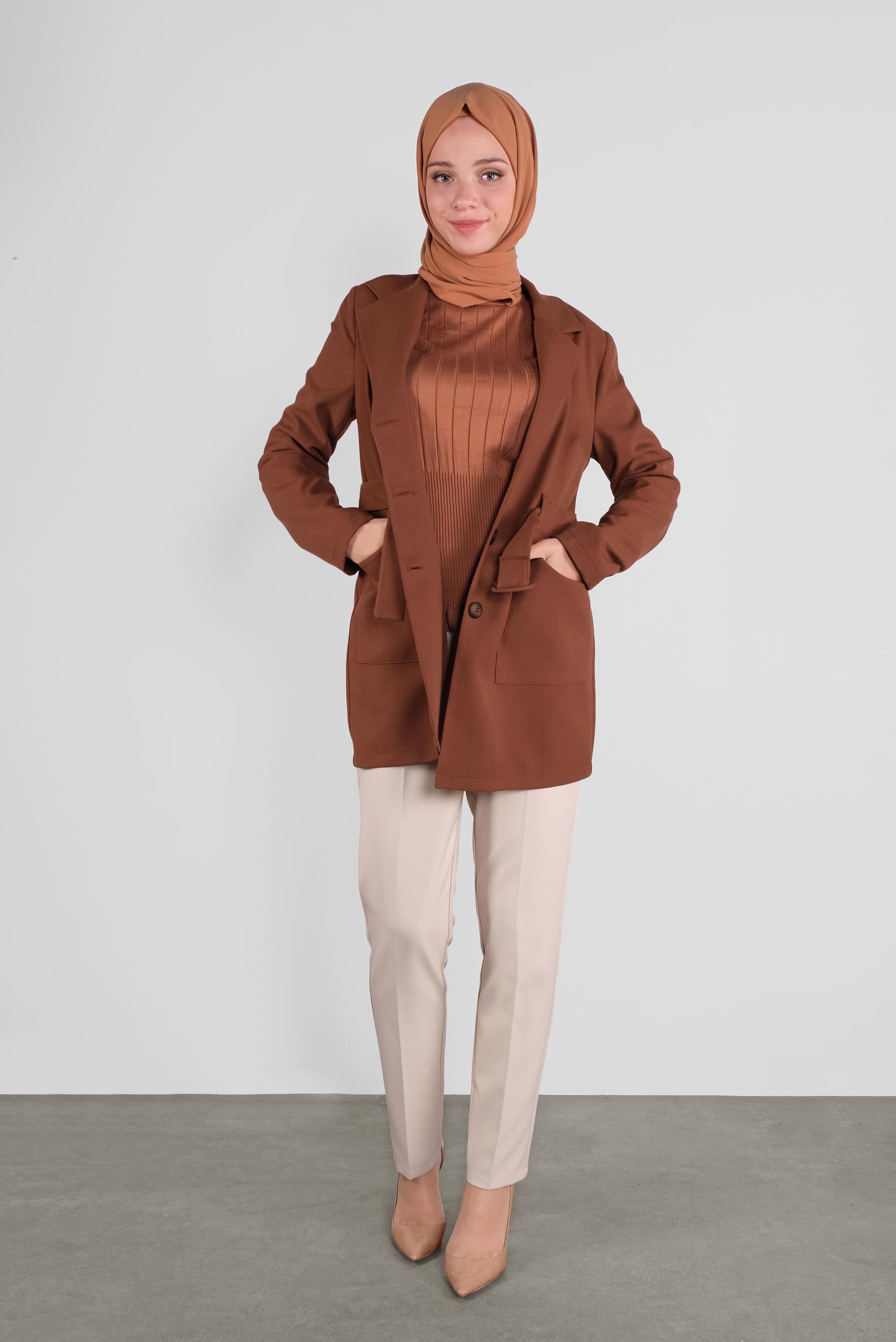 Tesettür giyim TABA KRUVAZE YAKA KEMERLİ CEKET 41223 