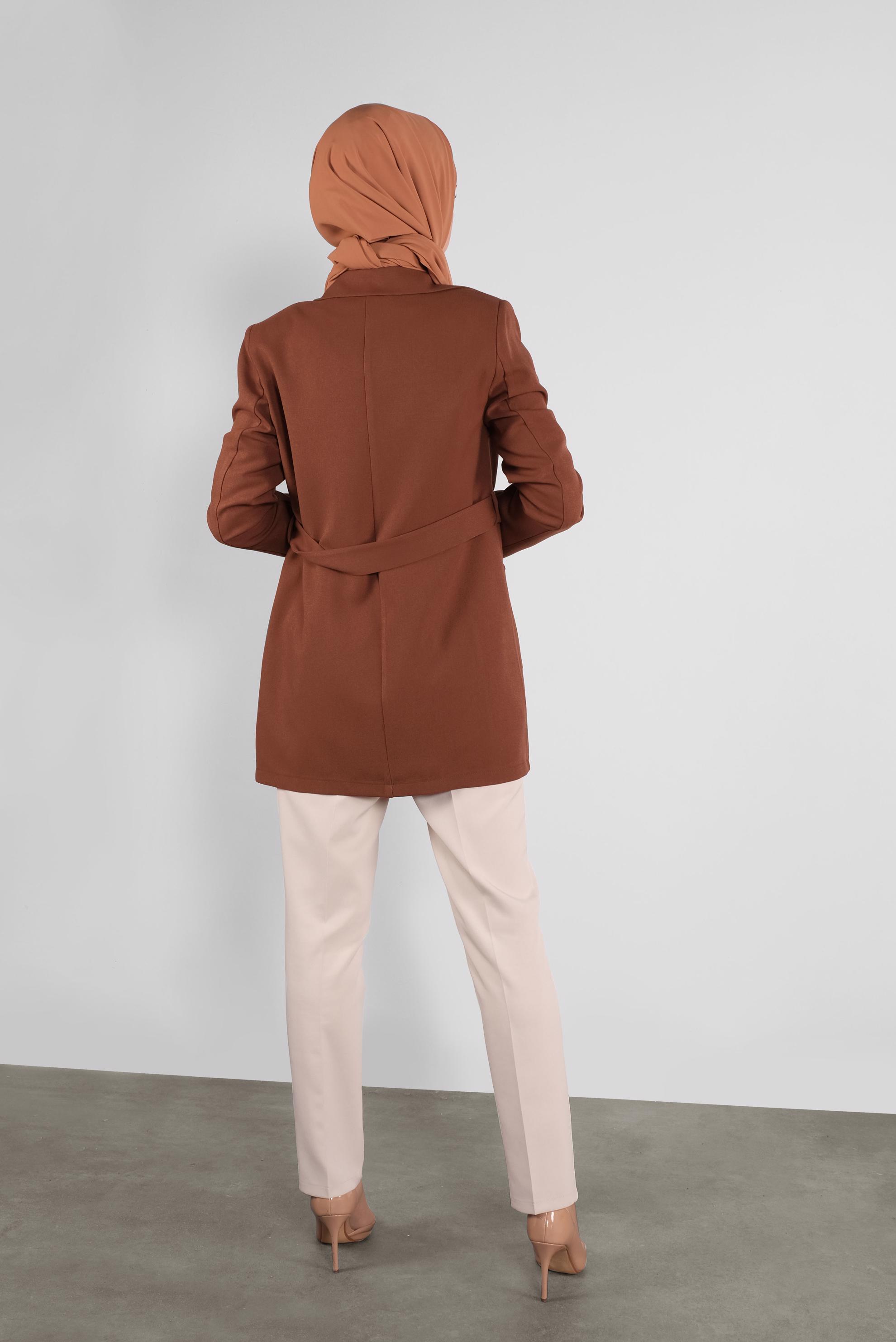 Tesettür giyim TABA KRUVAZE YAKA KEMERLİ CEKET 41223 