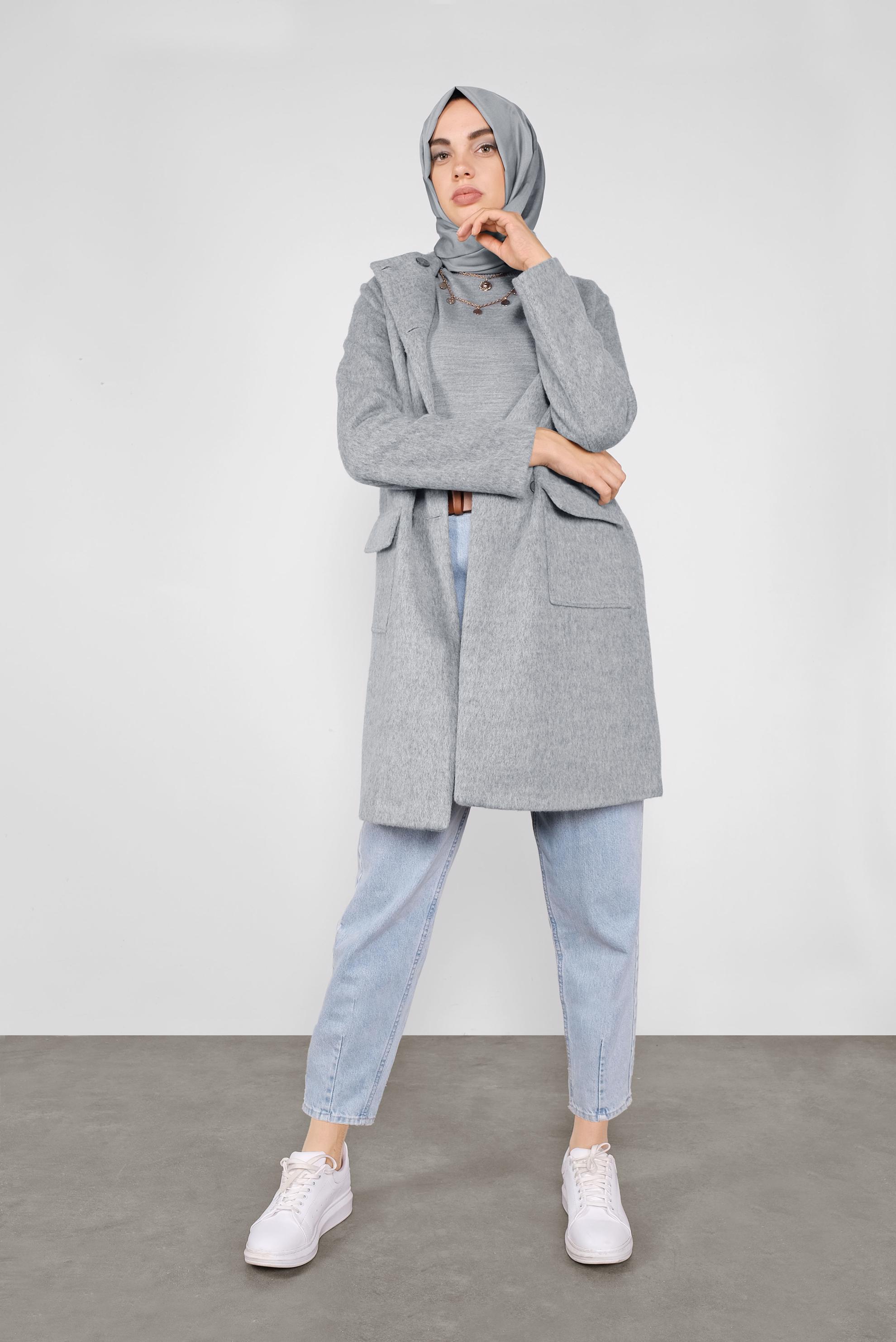Tesettür giyim GRİ DÜĞMELİ CEPLİ TAY TÜYÜ CEKET 41245