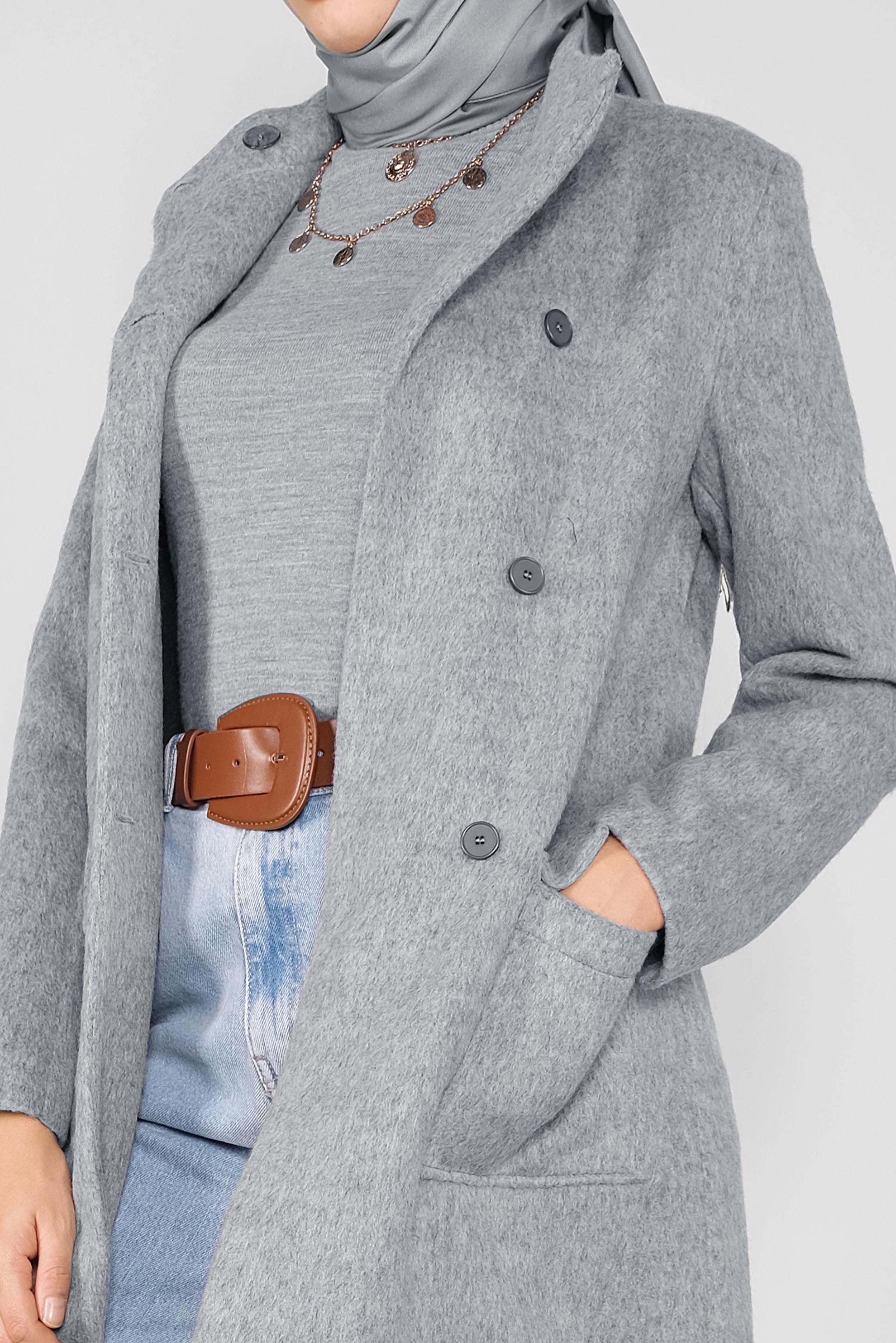 Tesettür giyim GRİ DÜĞMELİ CEPLİ TAY TÜYÜ CEKET 41245