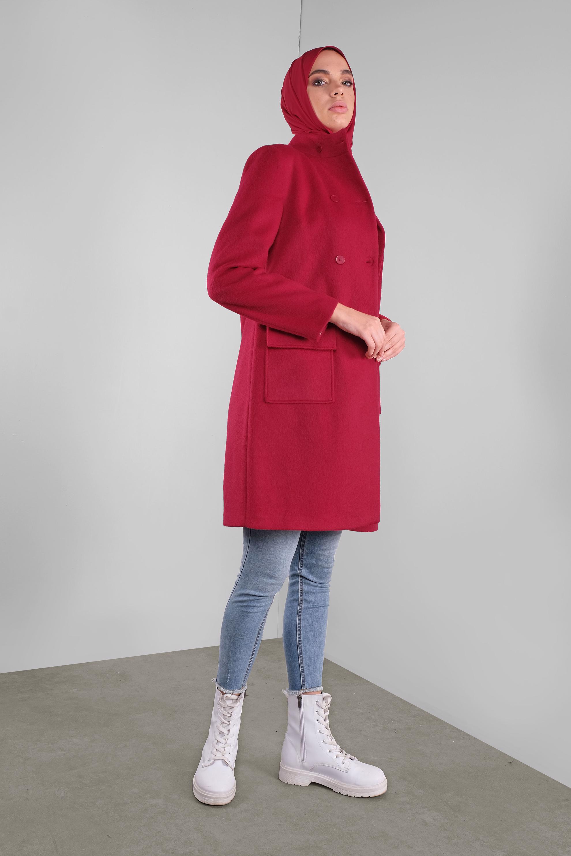 Tesettür giyim BORDO DÜĞMELİ CEPLİ TAY TÜYÜ CEKET 41245