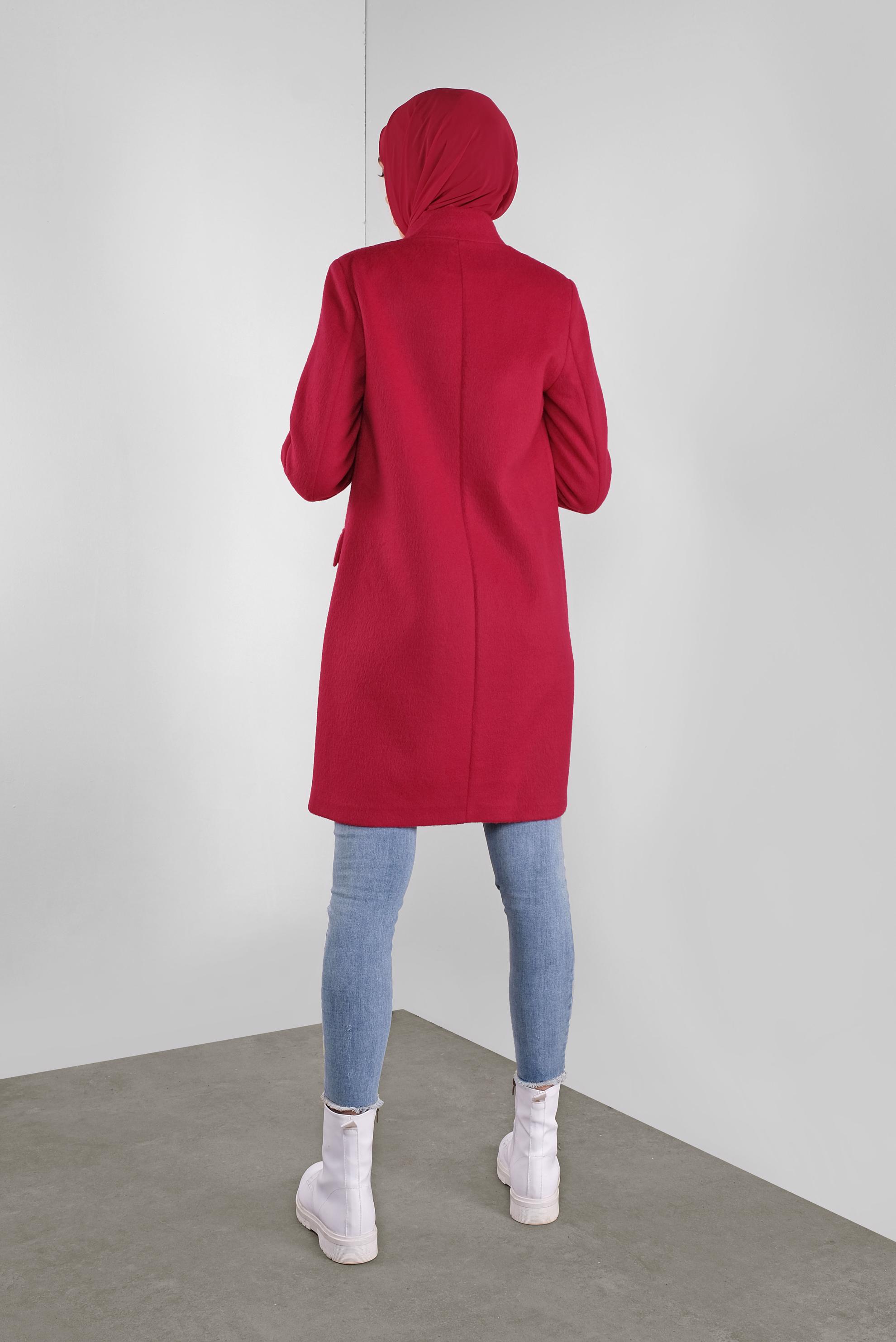 Tesettür giyim BORDO DÜĞMELİ CEPLİ TAY TÜYÜ CEKET 41245