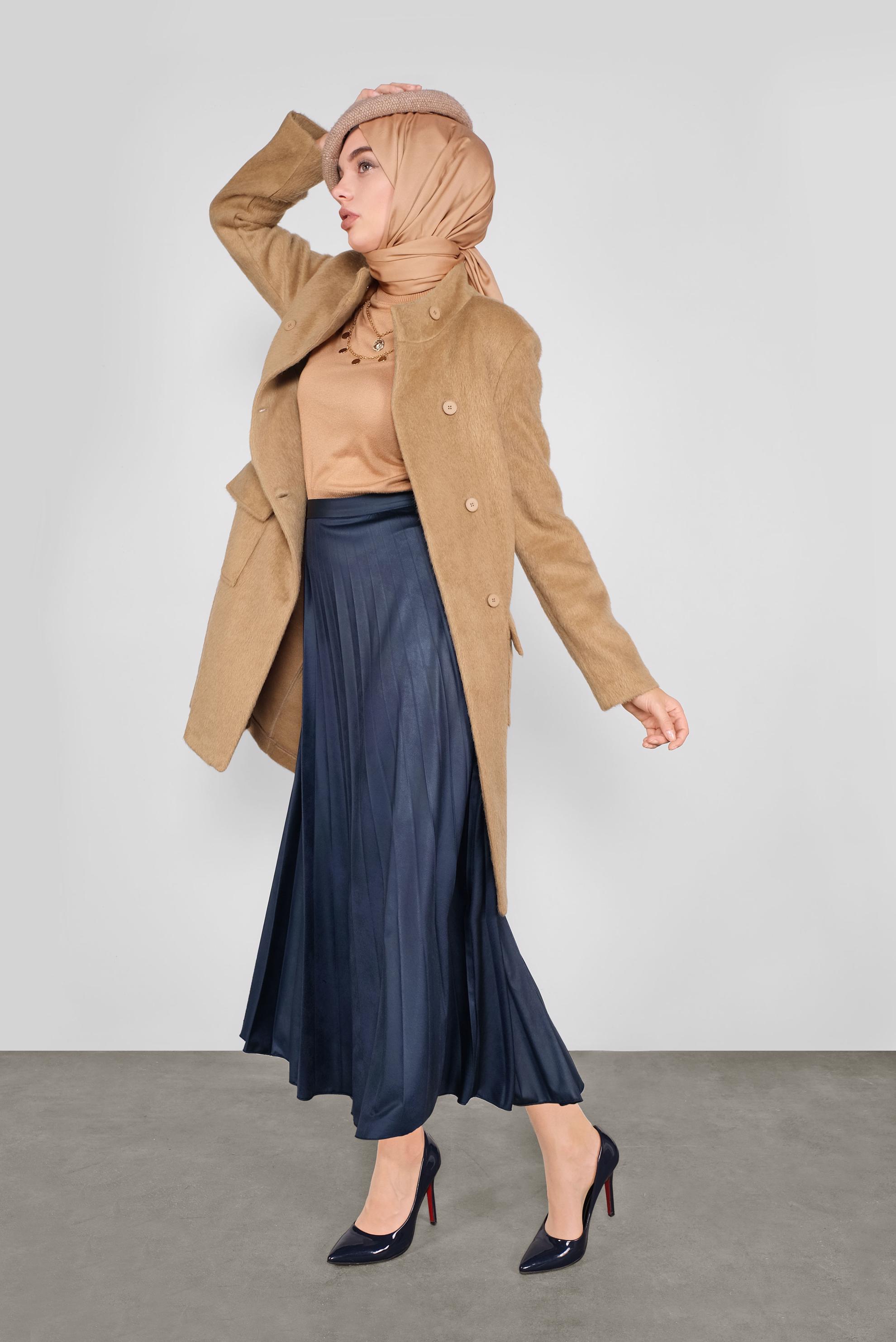 Tesettür giyim KAHVE DÜĞMELİ CEPLİ TAY TÜYÜ CEKET 41245