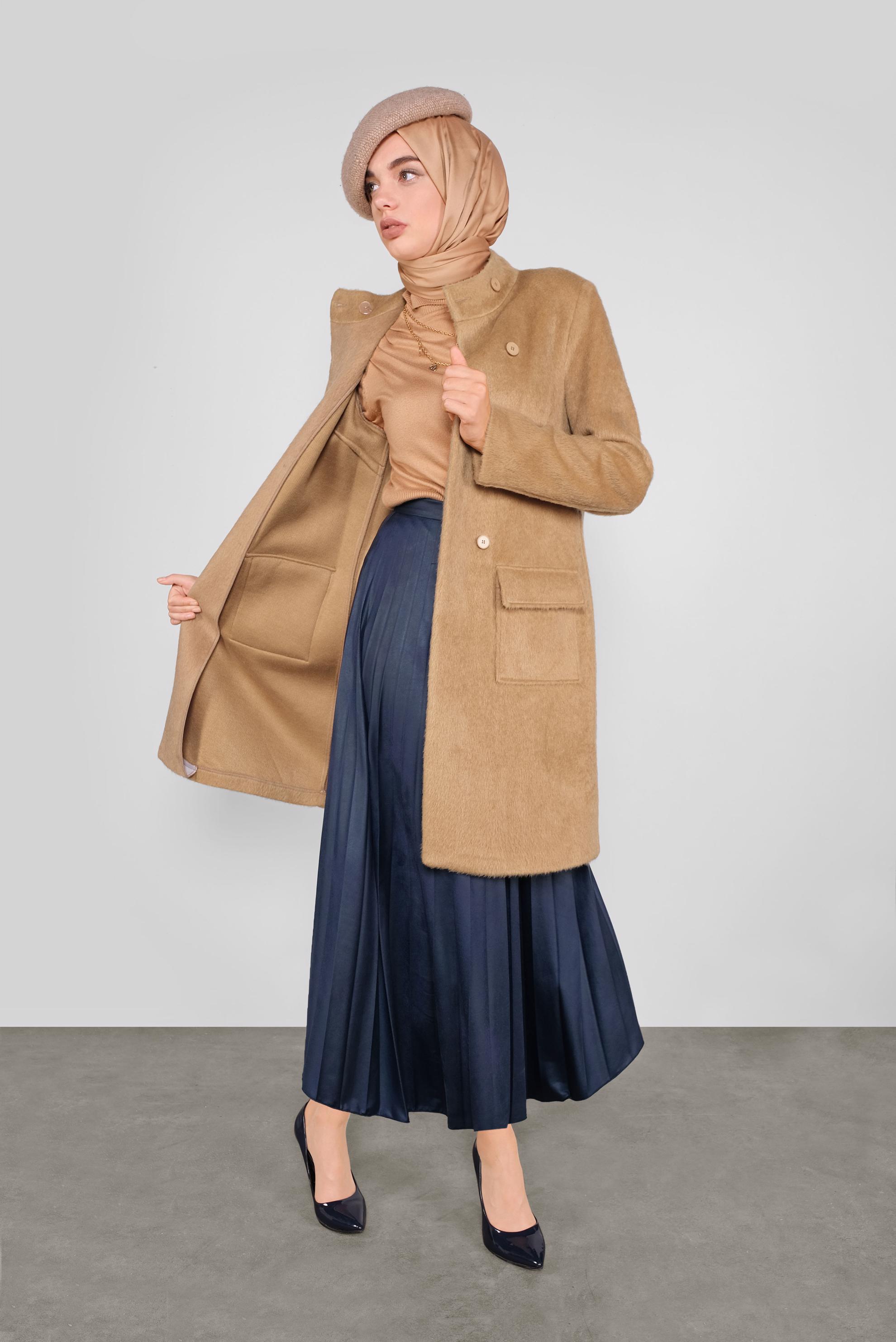 Tesettür giyim KAHVE DÜĞMELİ CEPLİ TAY TÜYÜ CEKET 41245