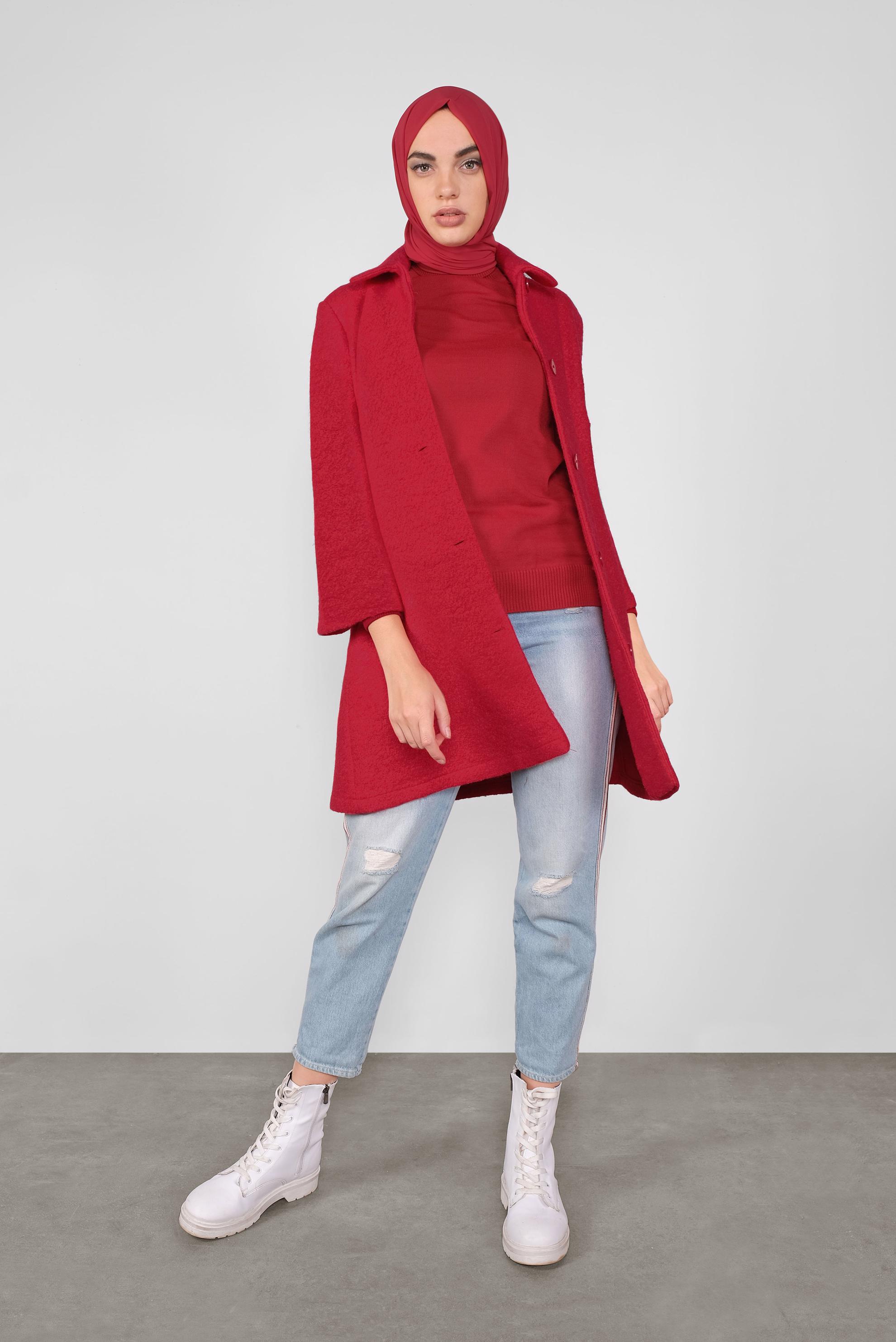 Tesettür giyim KIRMIZI DÜĞMELİ YÜN CEKET 41247 