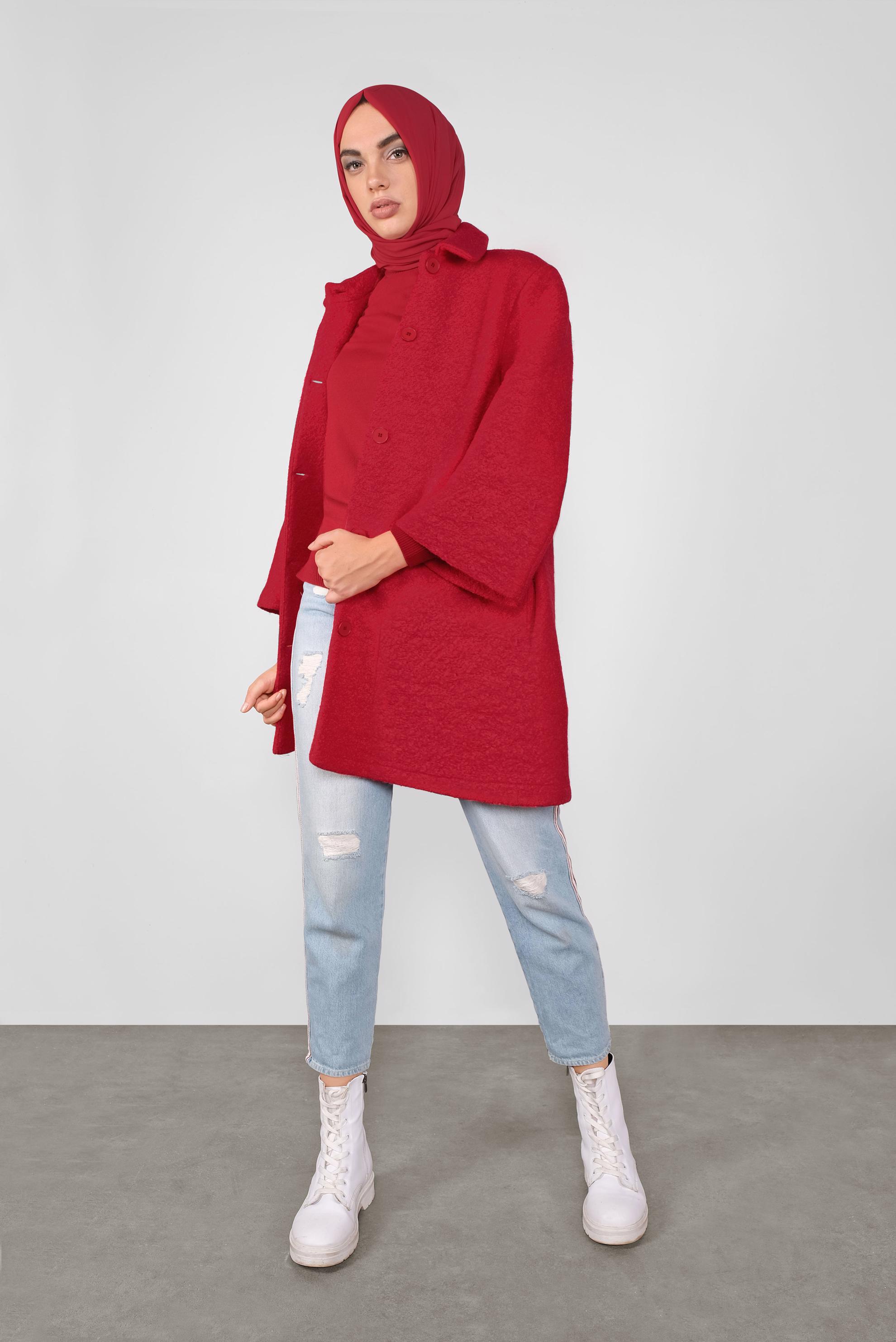 Tesettür giyim KIRMIZI DÜĞMELİ YÜN CEKET 41247 