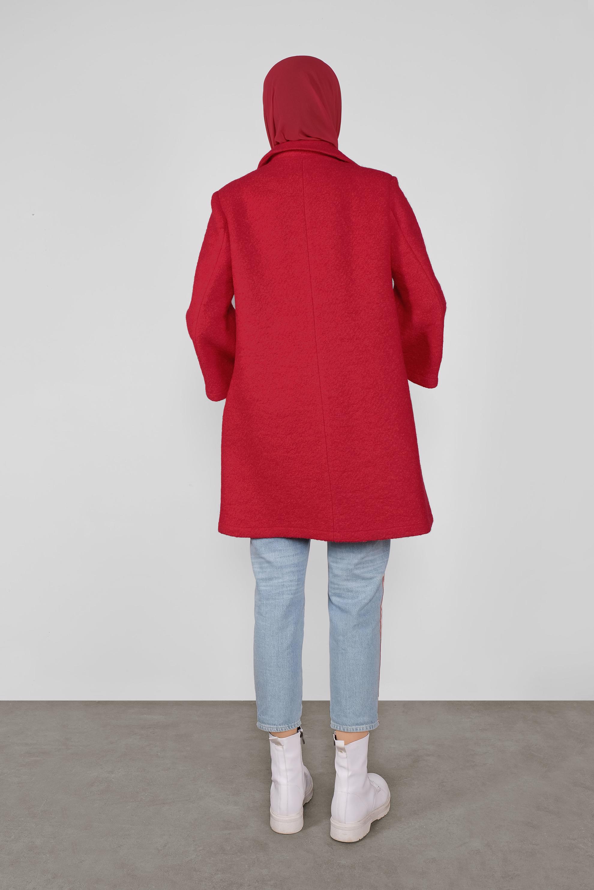 Tesettür giyim KIRMIZI DÜĞMELİ YÜN CEKET 41247 