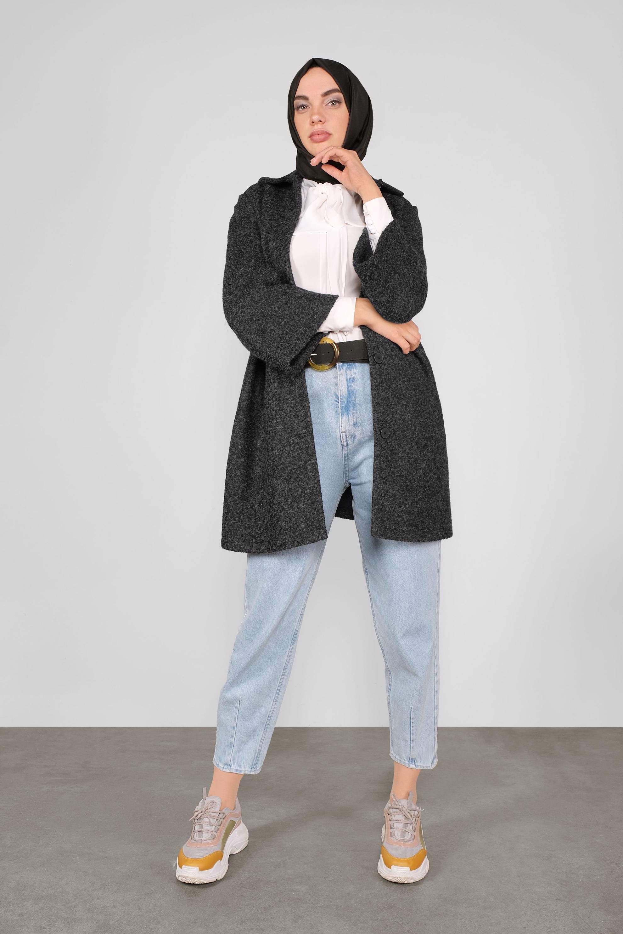 Tesettür giyim GRİ DÜĞMELİ YÜN CEKET 41247 