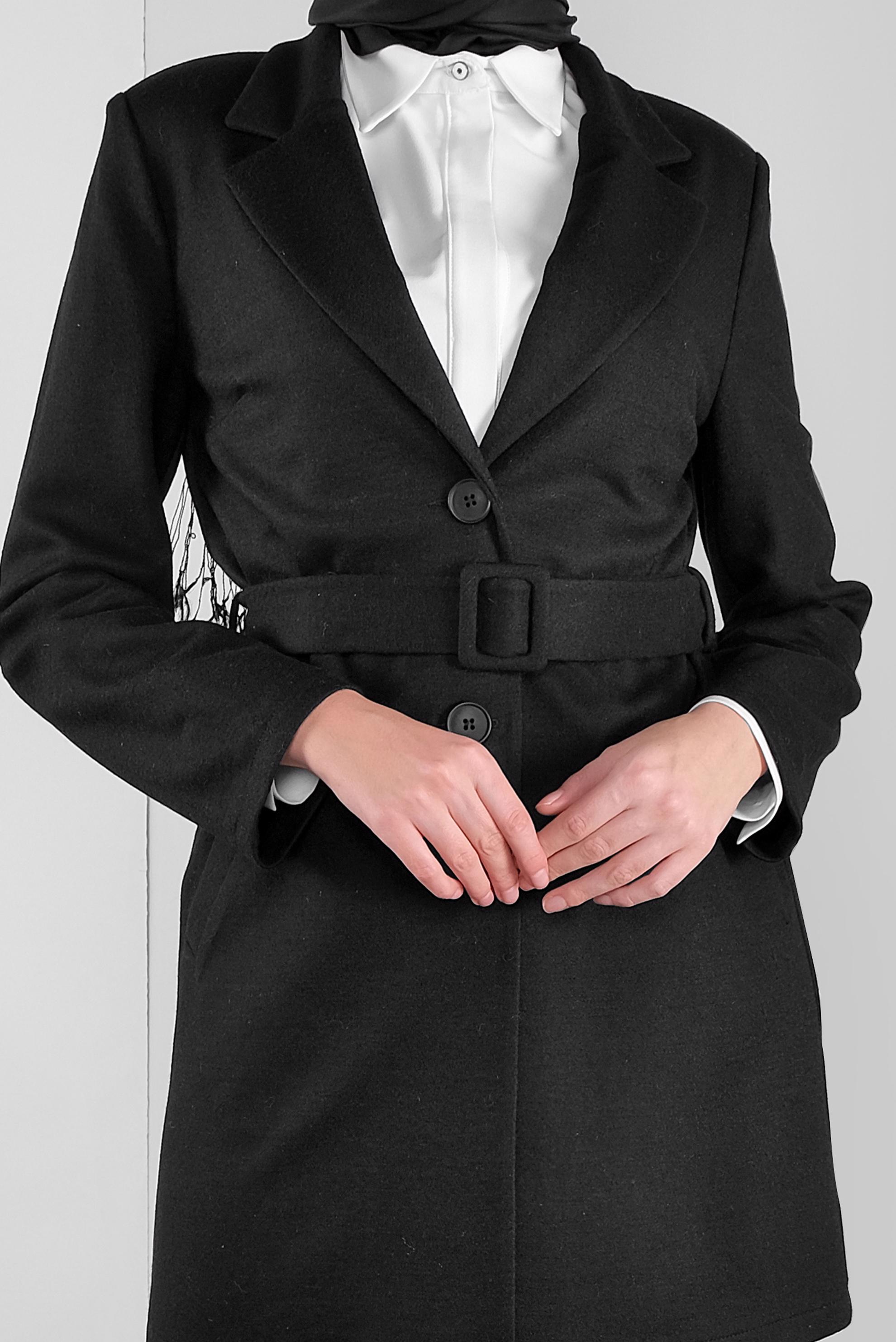 Tesettür giyim SİYAH KUŞAKLI YÜN CEKET 41249 