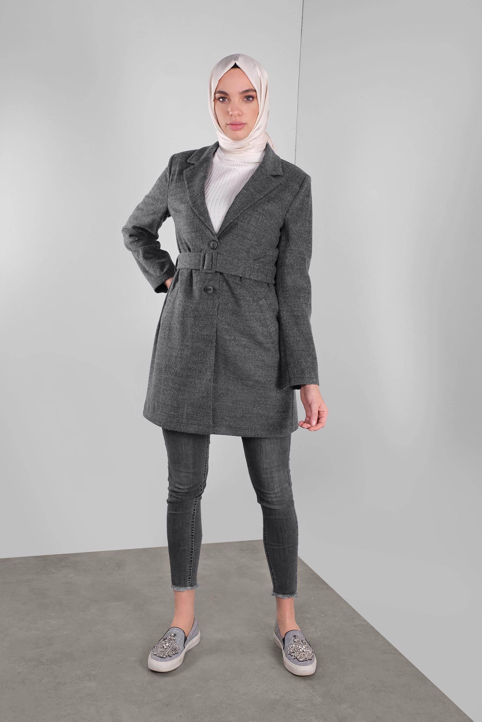 Tesettür giyim GRİ KUŞAKLI YÜN CEKET 41249 