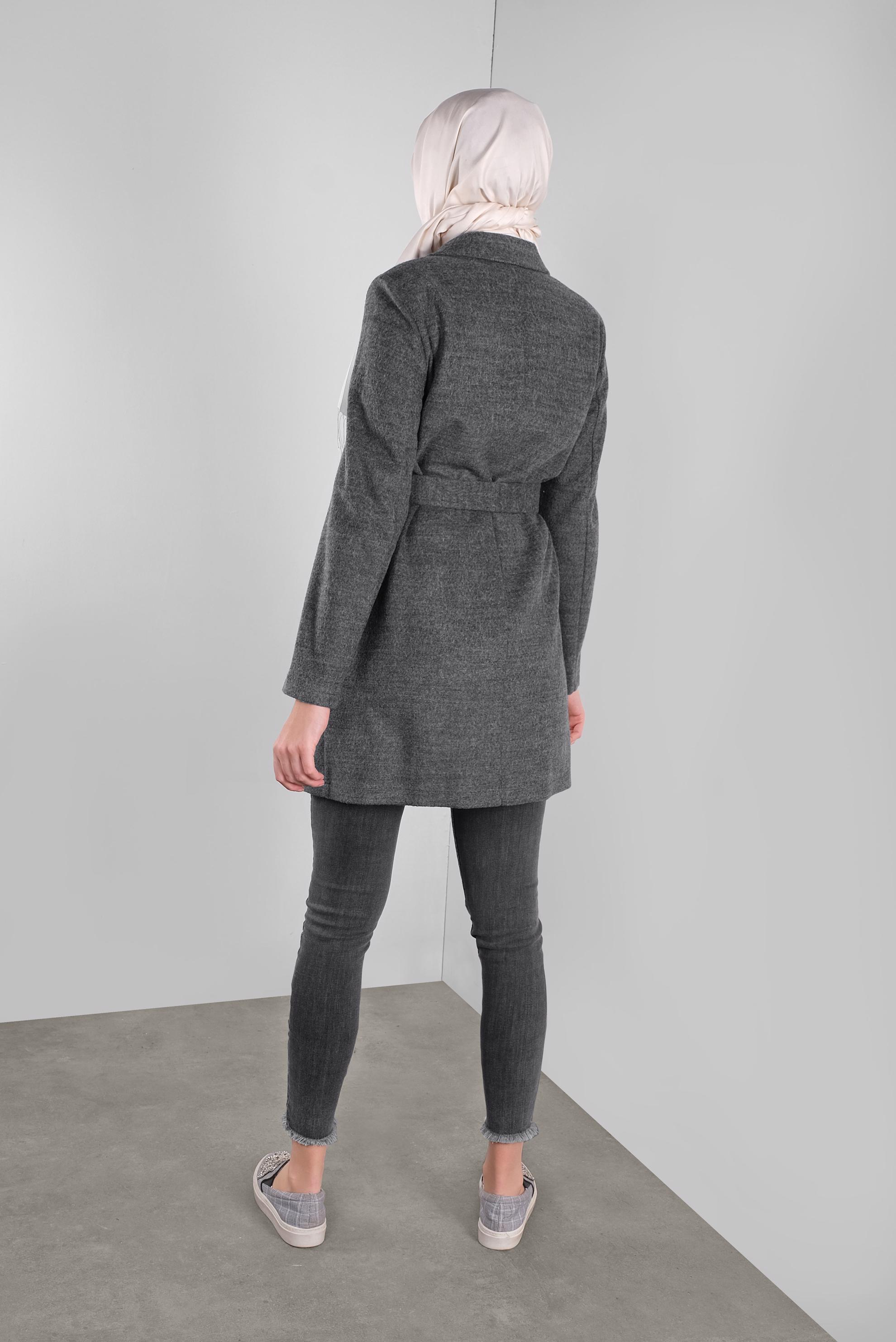 Tesettür giyim GRİ KUŞAKLI YÜN CEKET 41249 