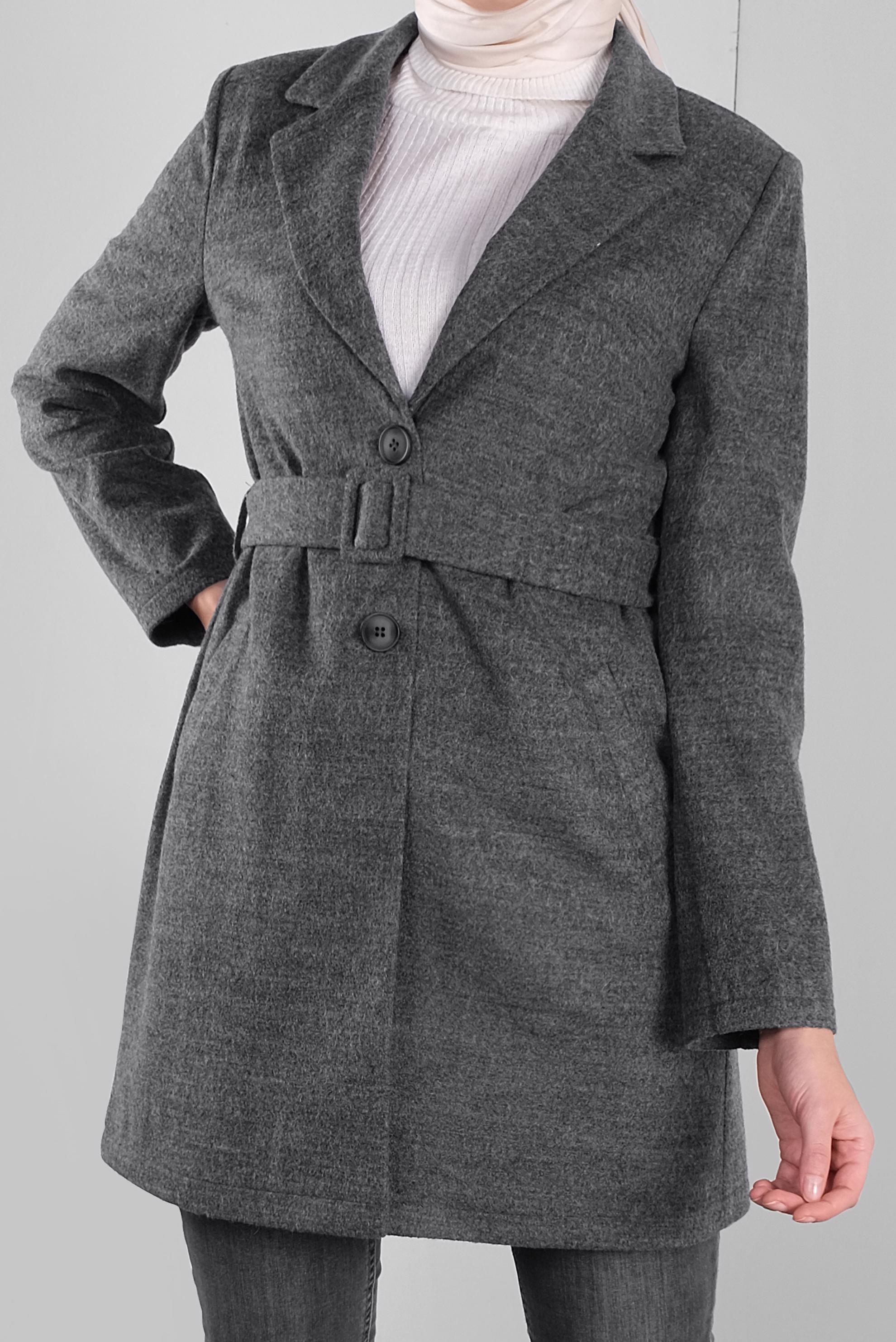 Tesettür giyim GRİ KUŞAKLI YÜN CEKET 41249 