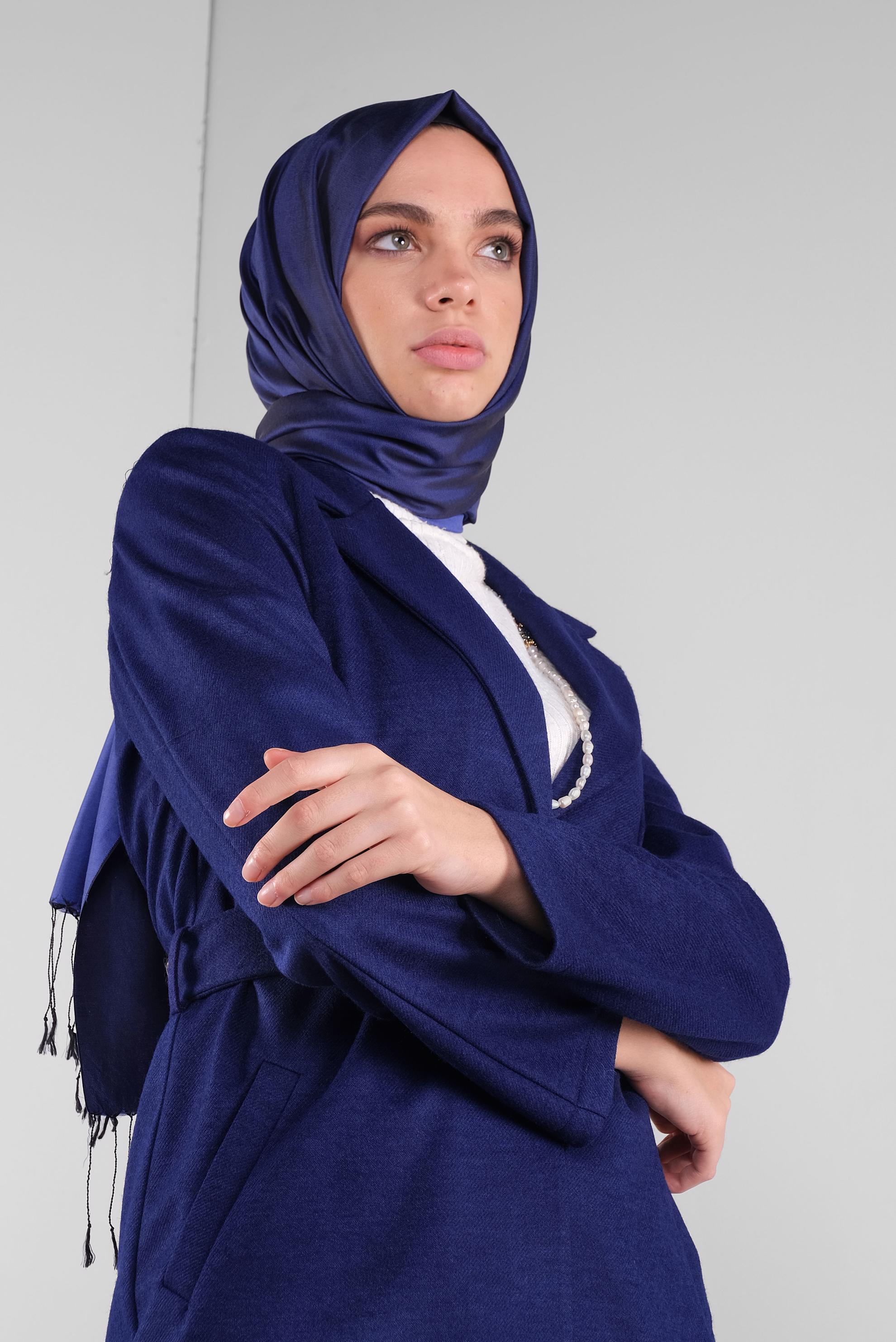 Tesettür giyim LACİVERT KUŞAKLI YÜN CEKET 41249 