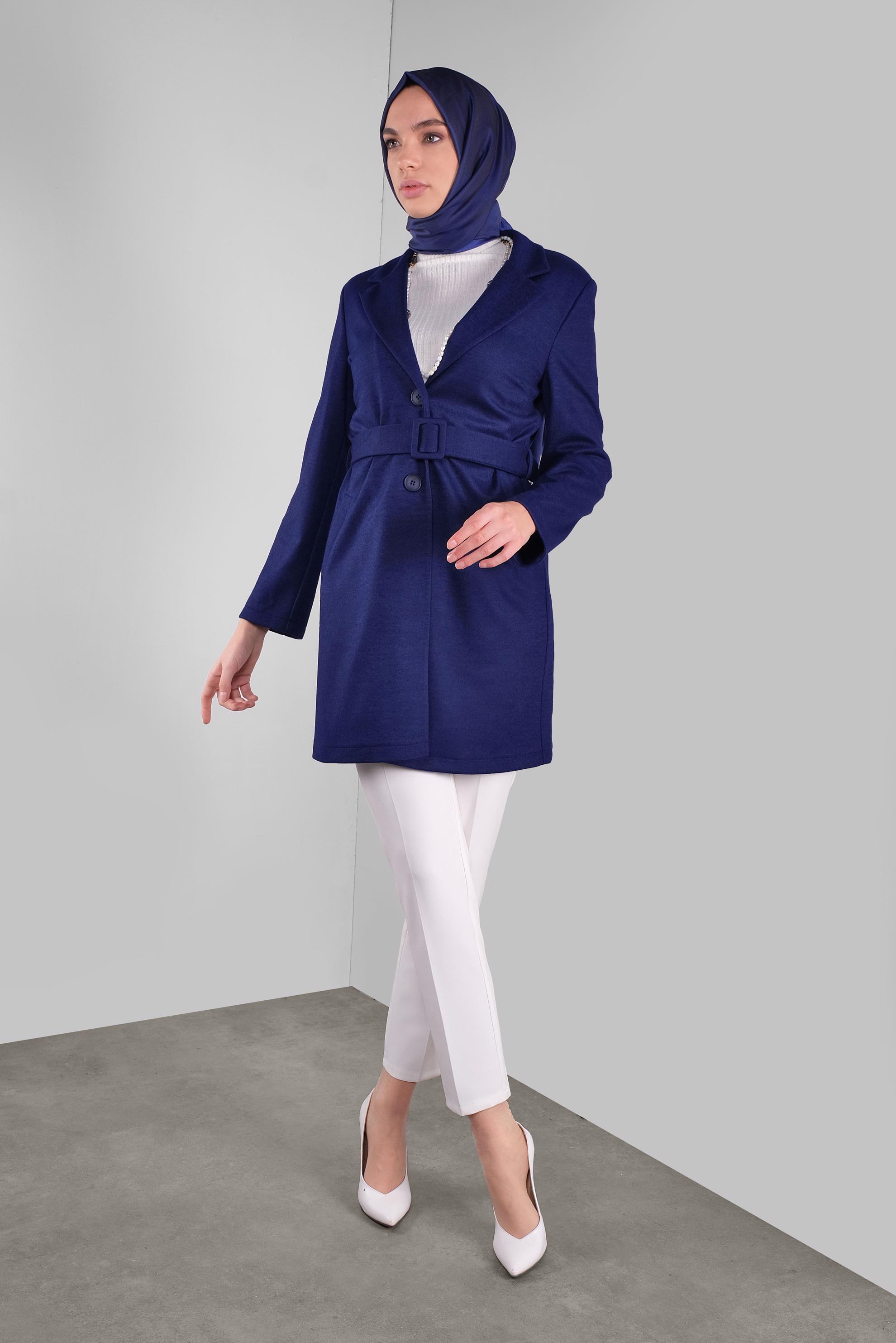 Tesettür giyim LACİVERT KUŞAKLI YÜN CEKET 41249 
