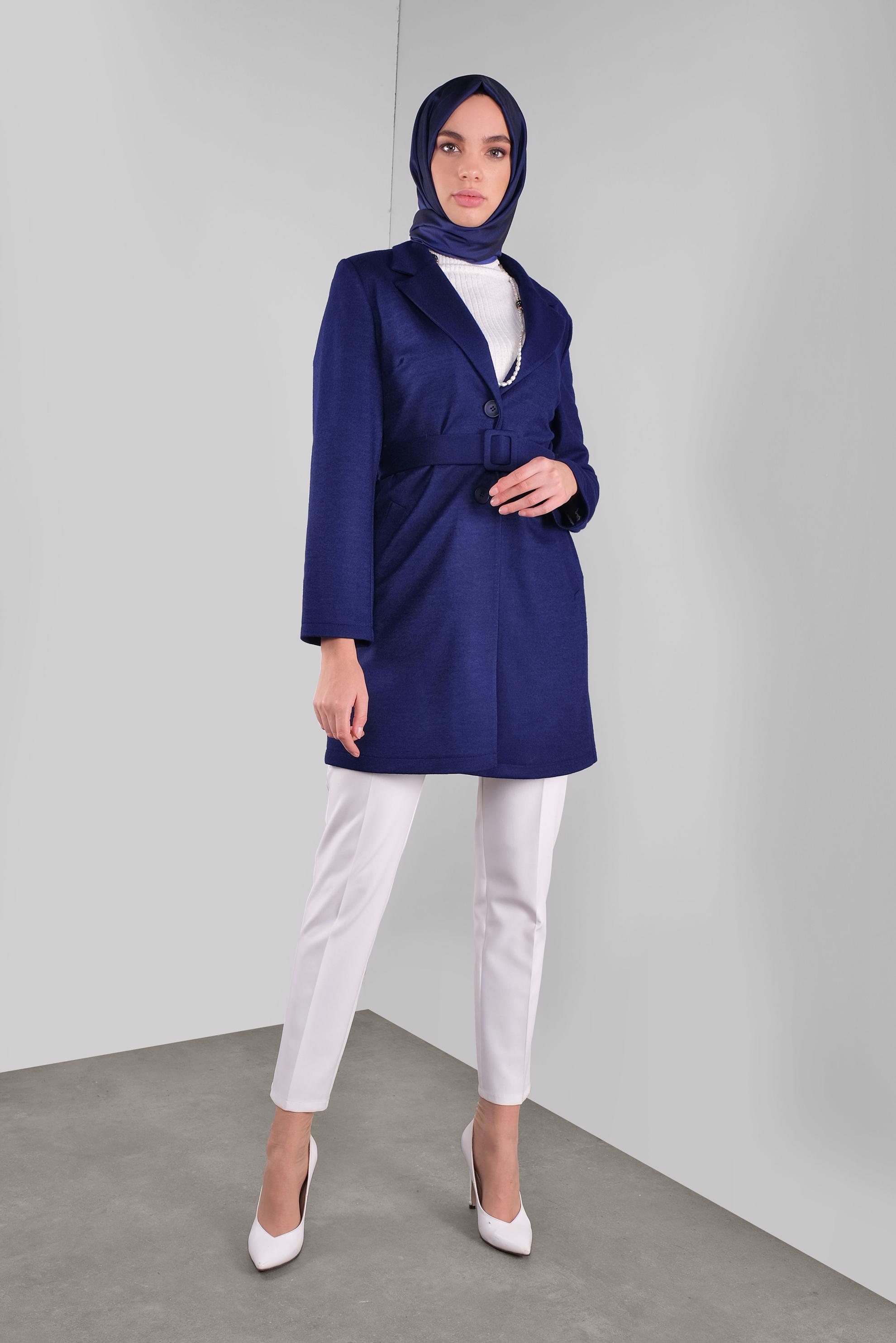 Tesettür giyim LACİVERT KUŞAKLI YÜN CEKET 41249 