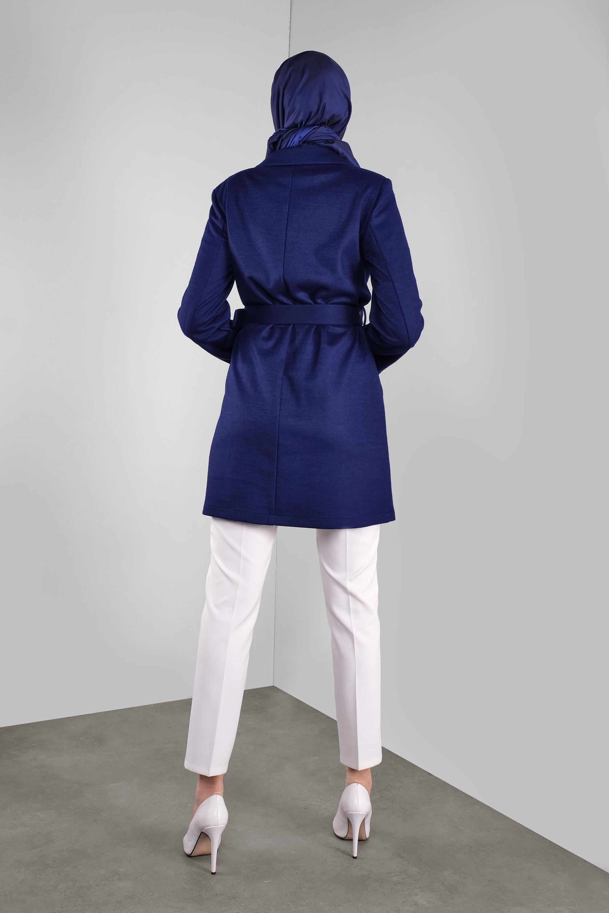 Tesettür giyim LACİVERT KUŞAKLI YÜN CEKET 41249 